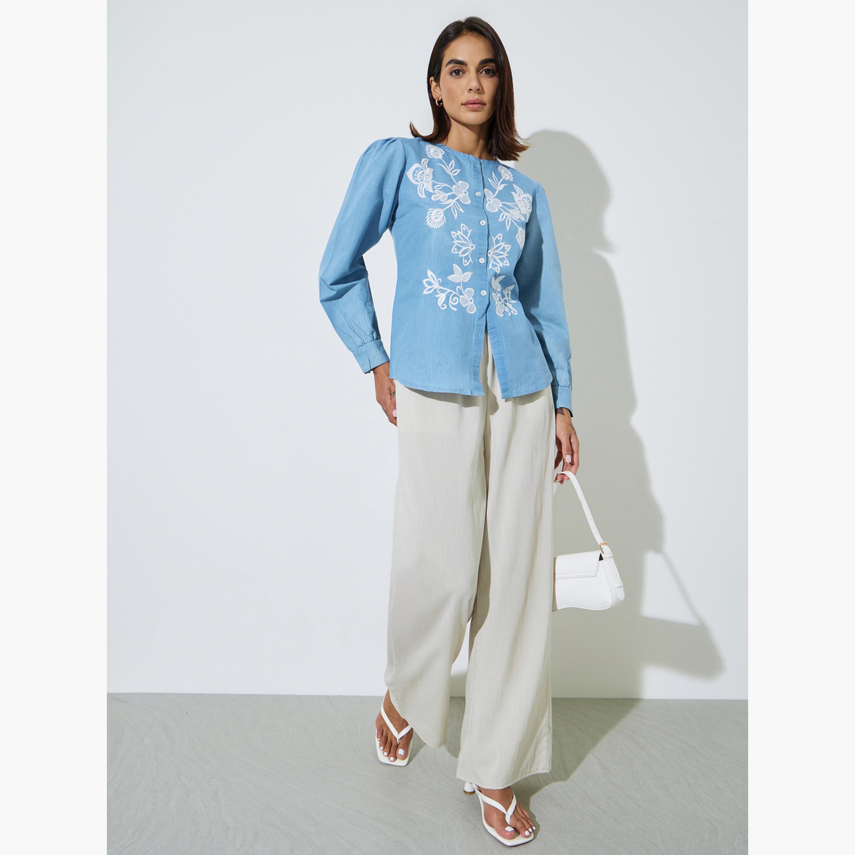 Styli Light Blue Embroidered Long Sleeve Cotton Blouse-women-clothing-shirtsandblouses-blouses-image-2