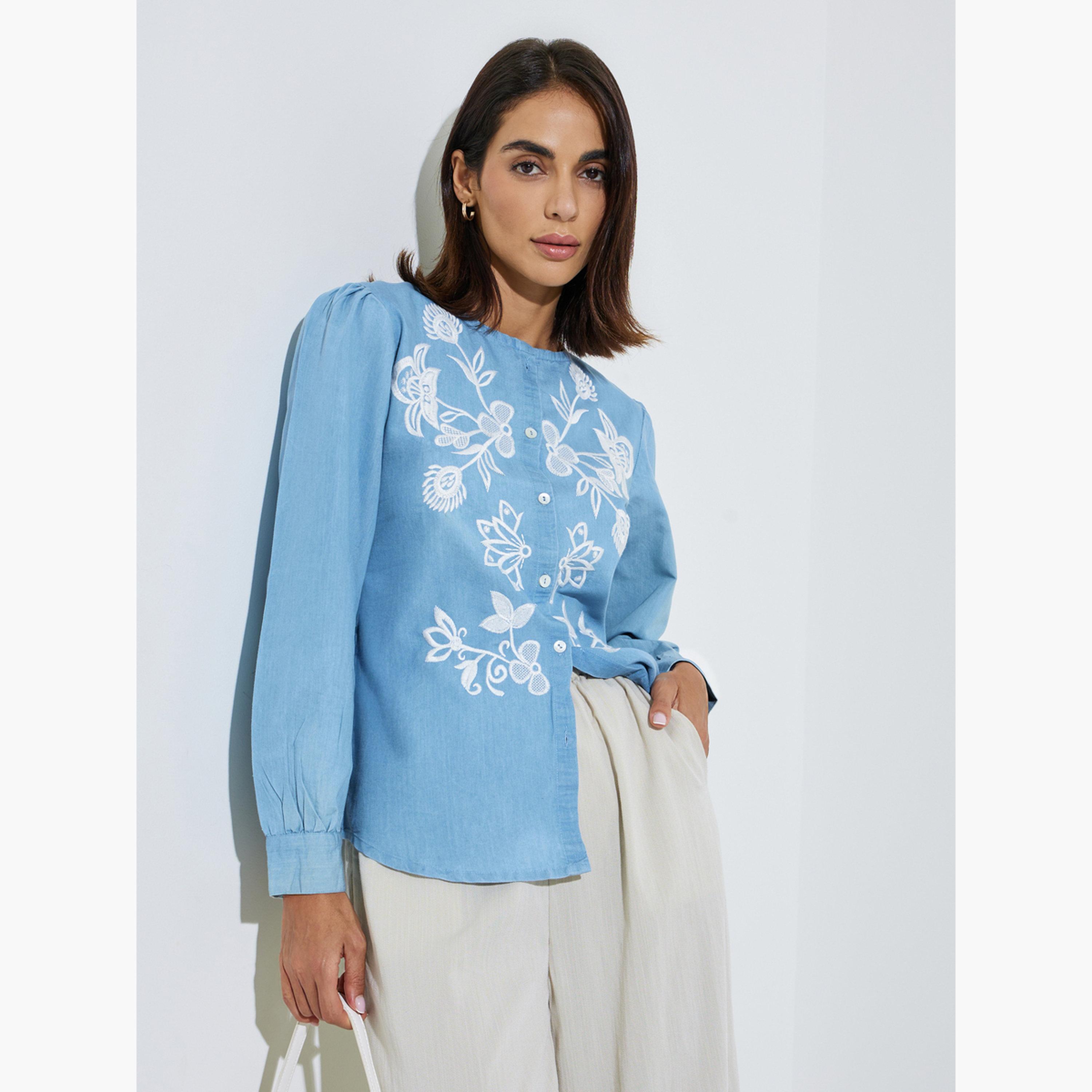 Styli Light Blue Embroidered Long Sleeve Cotton Blouse-women-clothing-shirtsandblouses-blouses-image-3