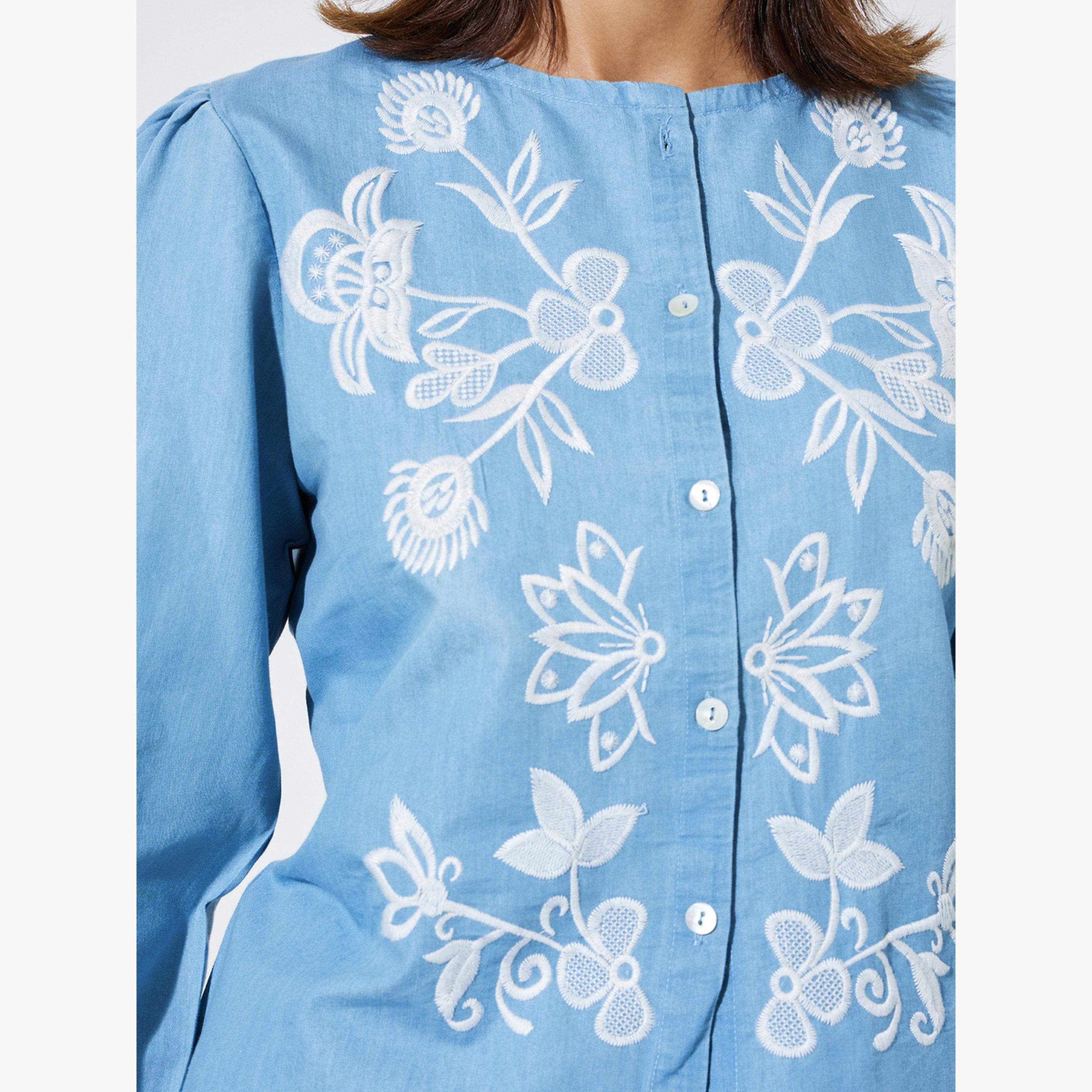 Styli Light Blue Embroidered Long Sleeve Cotton Blouse-women-clothing-shirtsandblouses-blouses-image-5