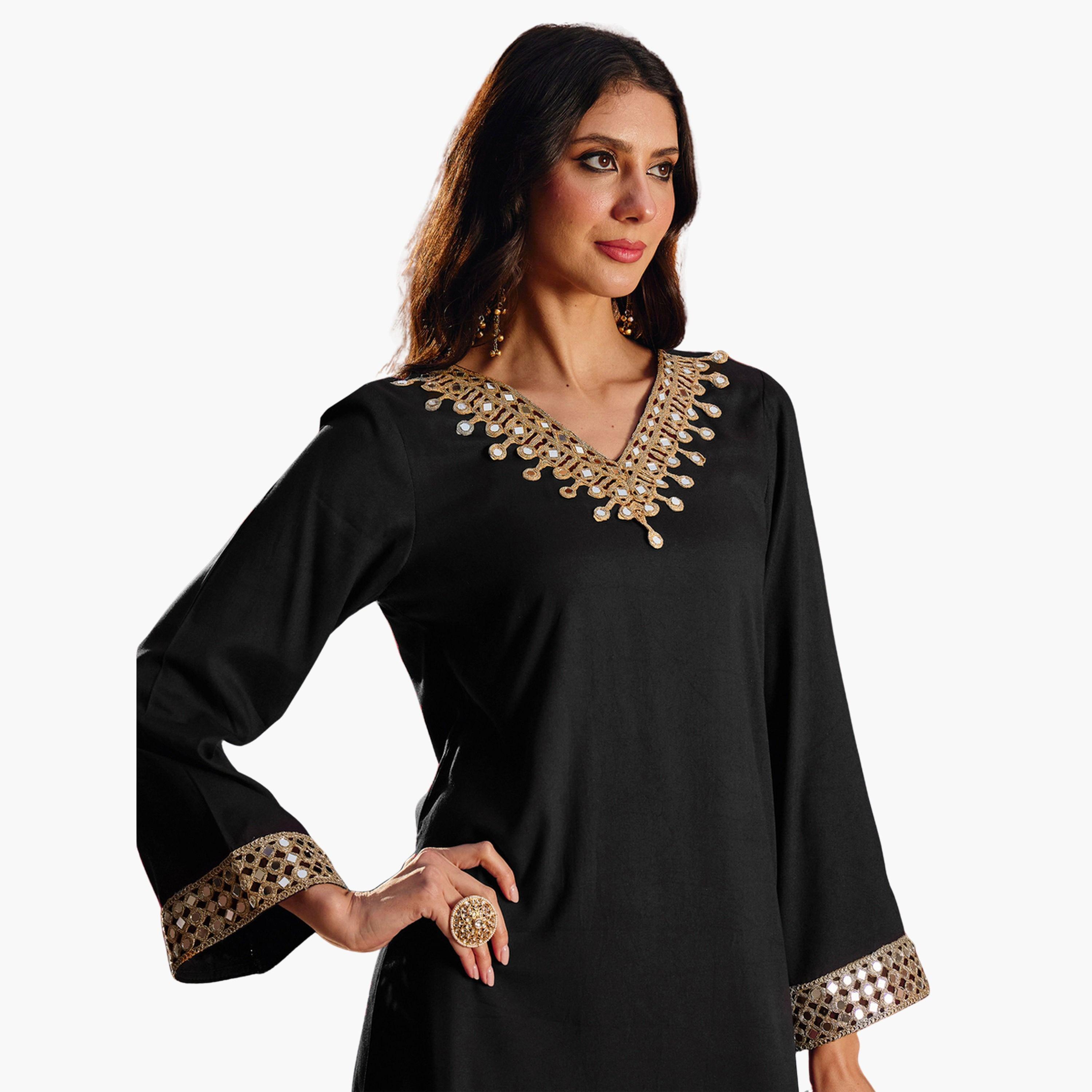 Sassafras X Styli Black Rayon Mirror-Work Abaya Dress-women-arabicclothing-abayas-image-4