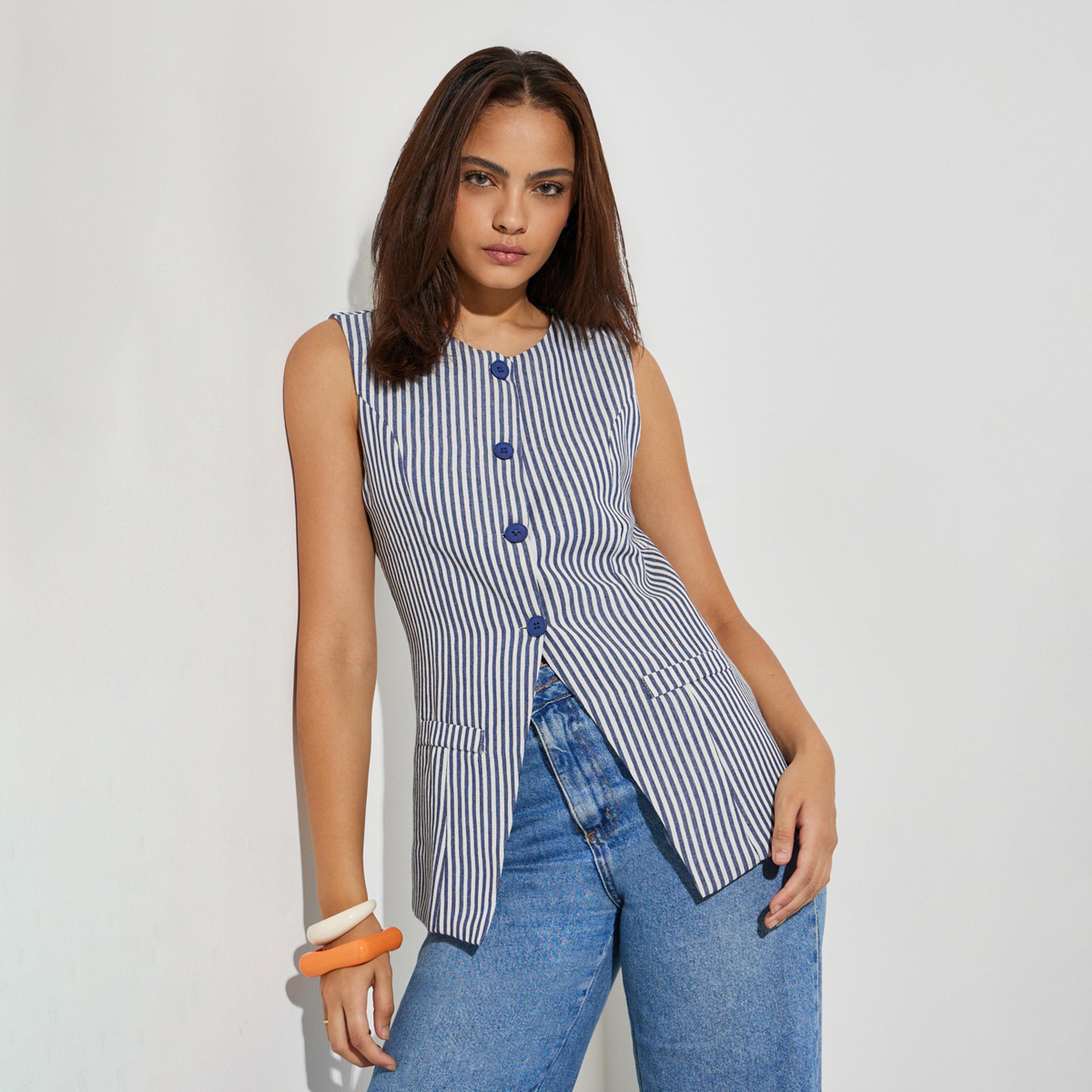 Styli Blue Striped Sleeveless Waistcoat-women-clothing-shirtsandblouses-blouses-image-1