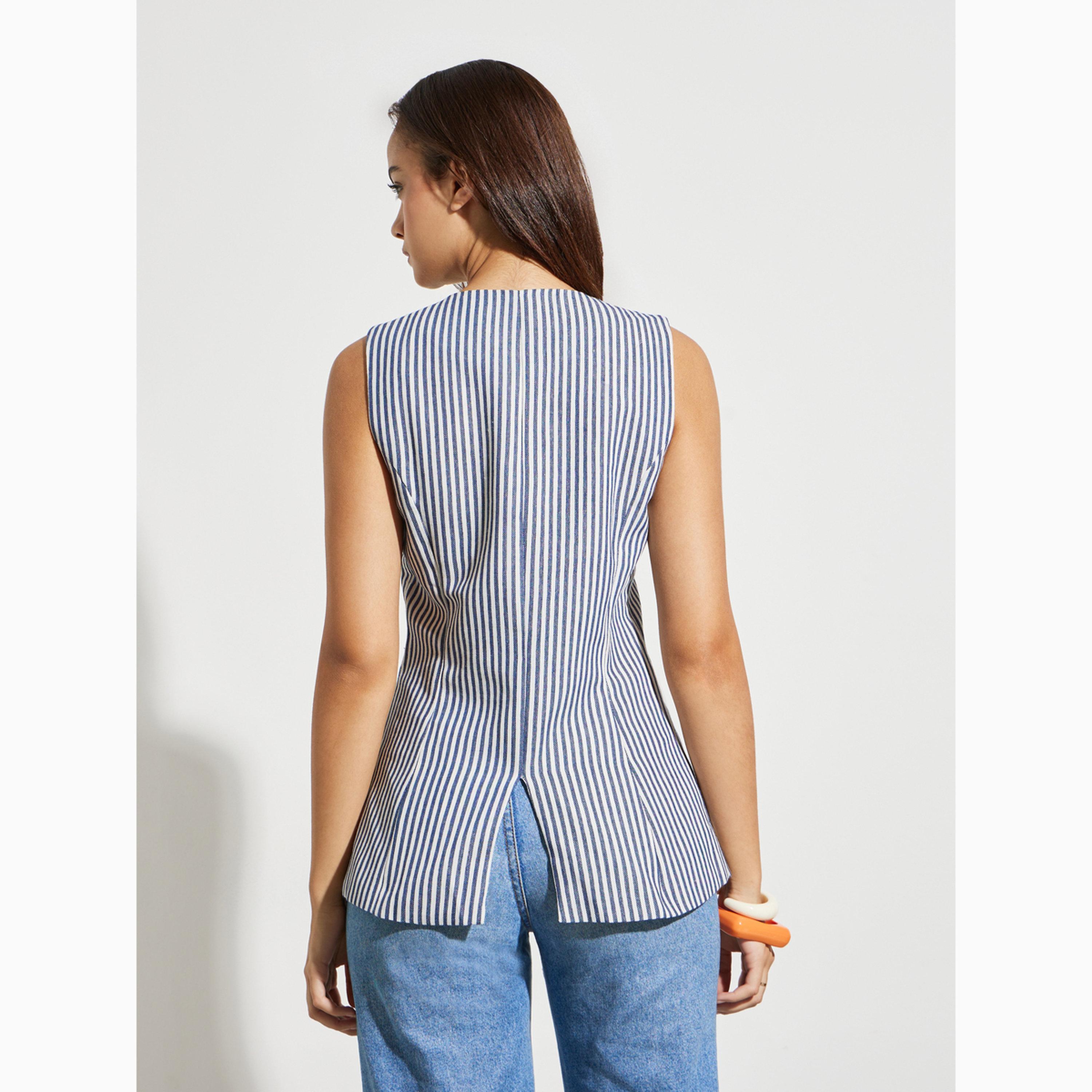 Styli Blue Striped Sleeveless Waistcoat-women-clothing-shirtsandblouses-blouses-image-4