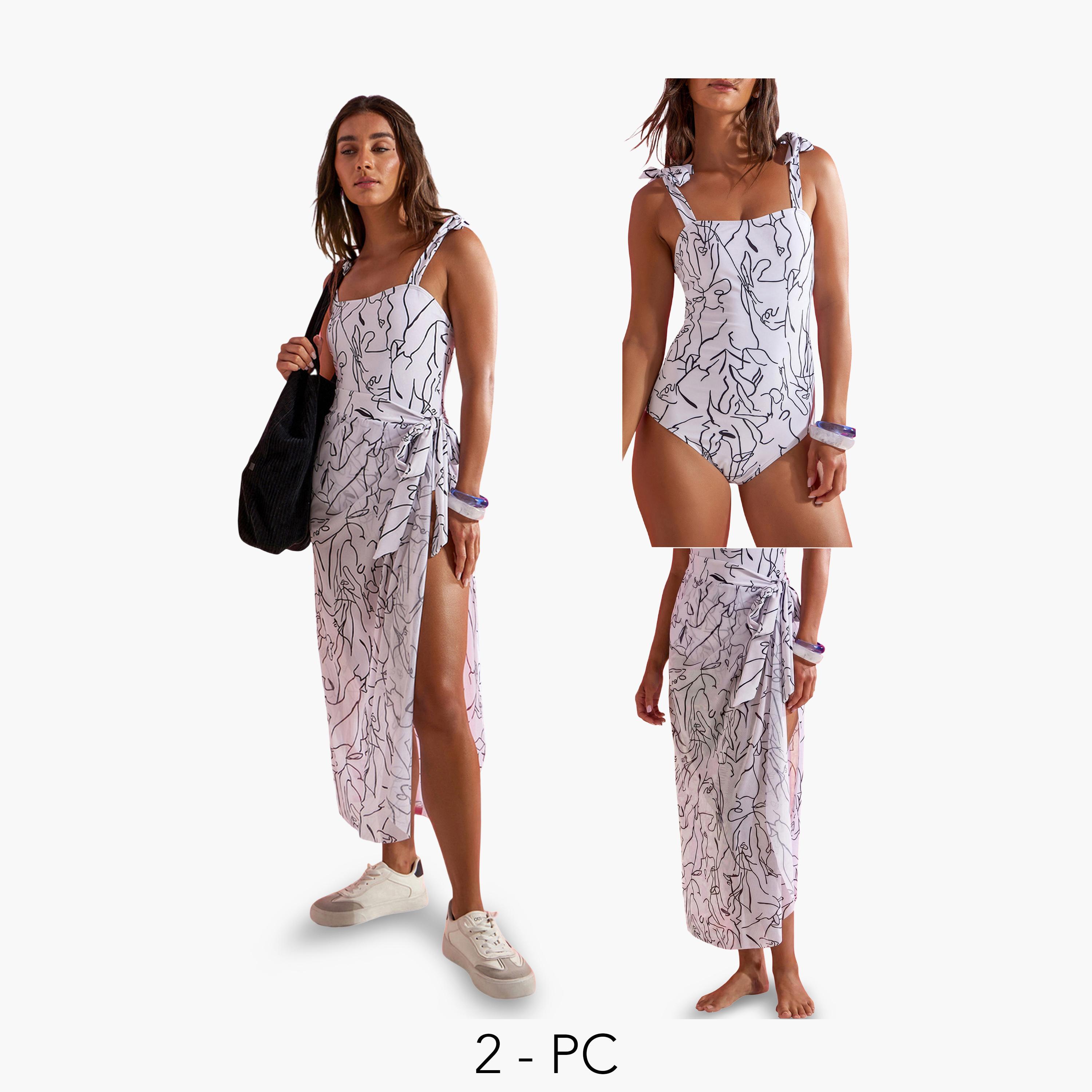 طقم مايوه بياقة مربعة وطبعة زهور تجريدية مع تنورة سارونج تربط-women-clothing-swimandbeach-swim-swimsuits-image-1