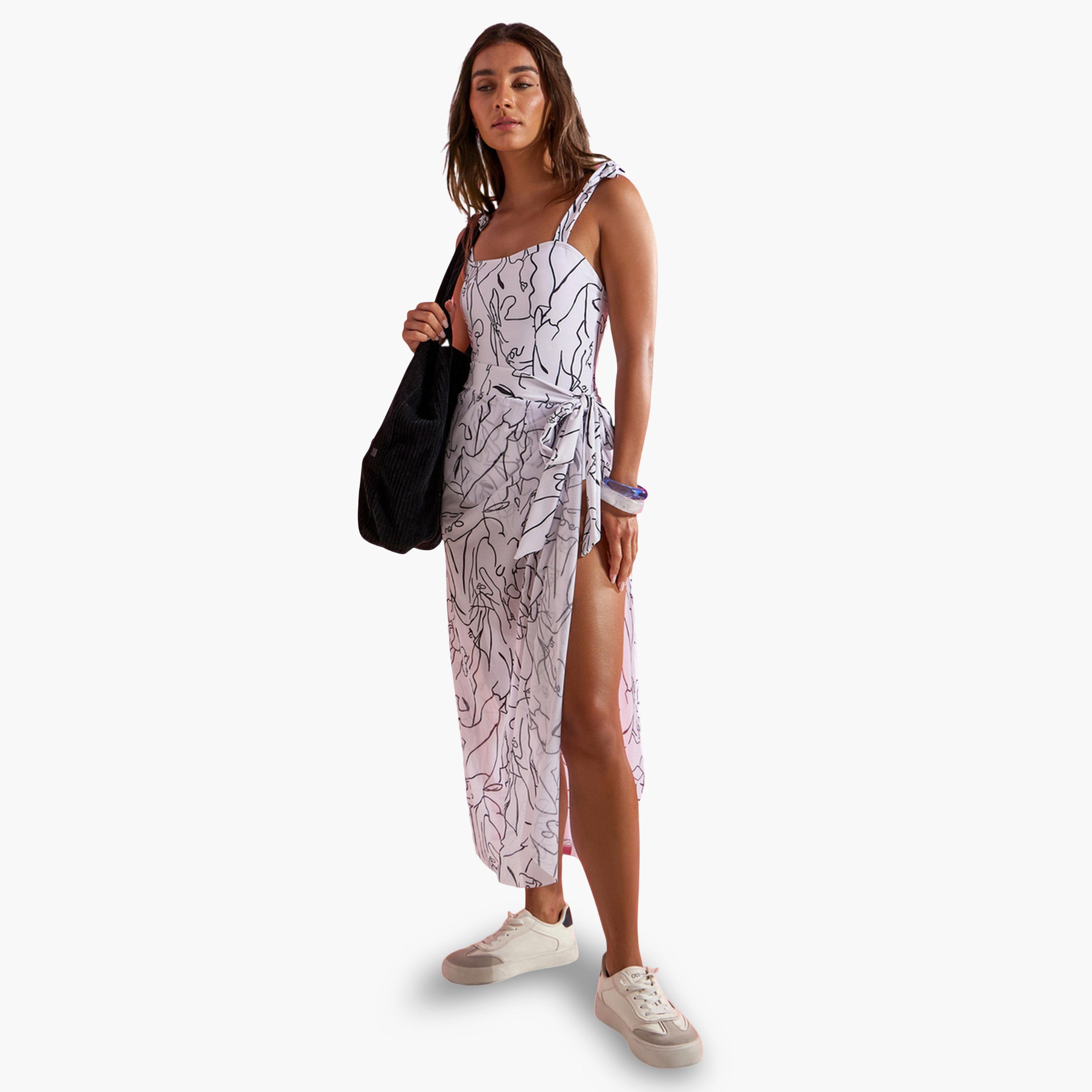 طقم مايوه بياقة مربعة وطبعة زهور تجريدية مع تنورة سارونج تربط-women-clothing-swimandbeach-swim-swimsuits-image-2