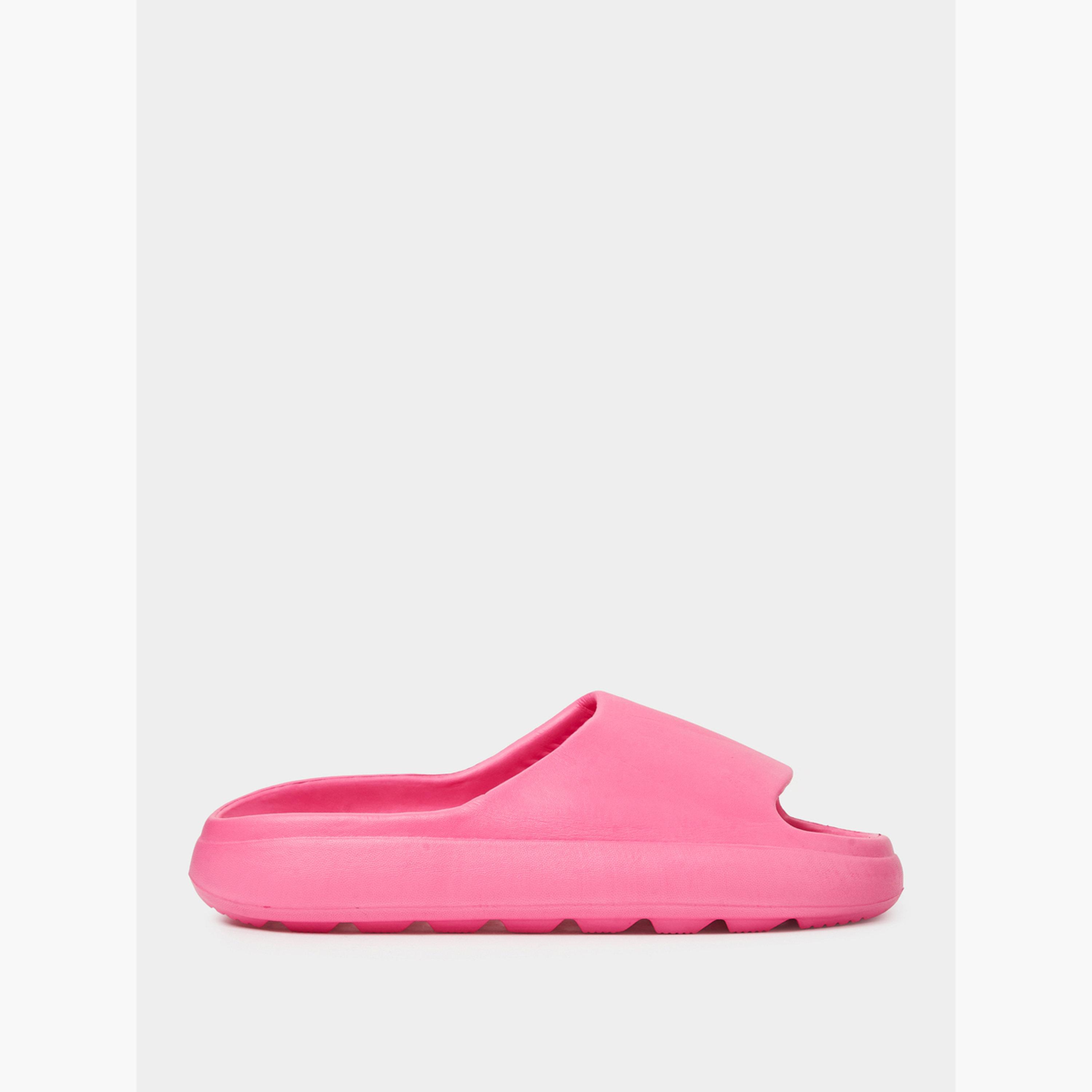 صندل سلايد مريح سادة باللون الوردي الداكن-women-shoes-flats-slides-image-2