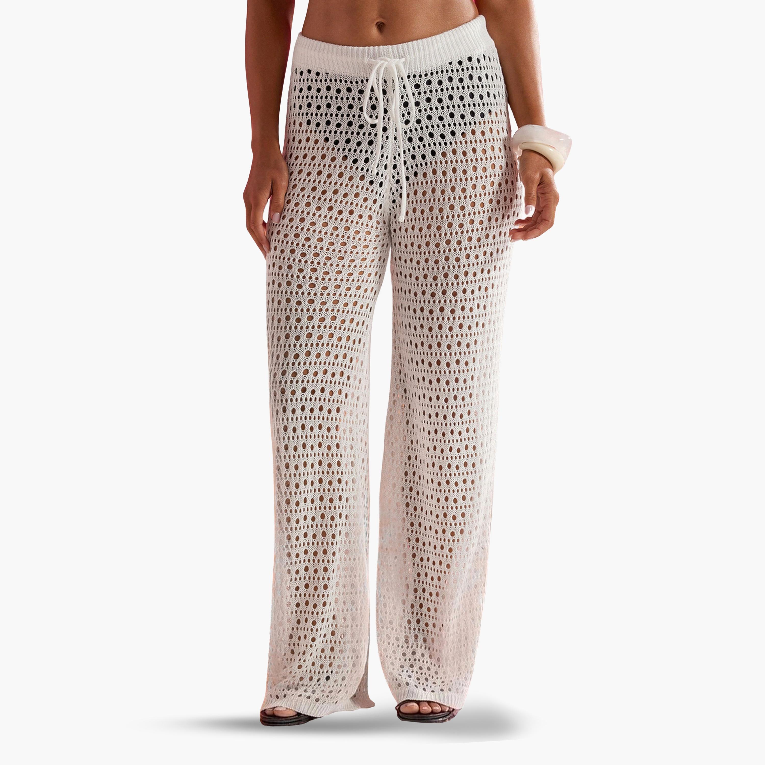 Styli Cream Open Crochet Wide Leg Beach Pants-women-clothing-swimandbeach-beach-beachwear-image-1