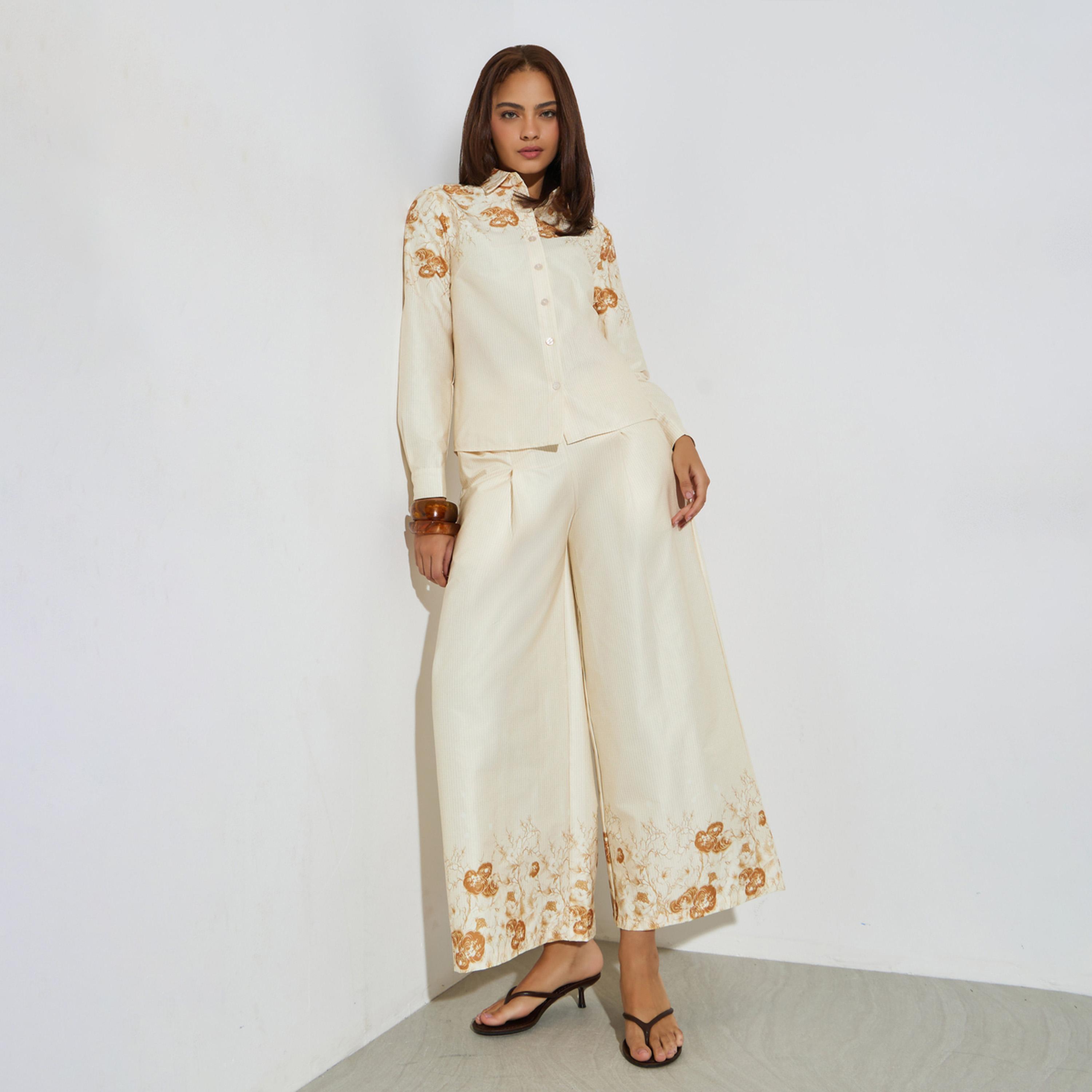 Styli Cream Printed Shirt and Wide Leg Pants Set-women-clothing-coordsets-image-1