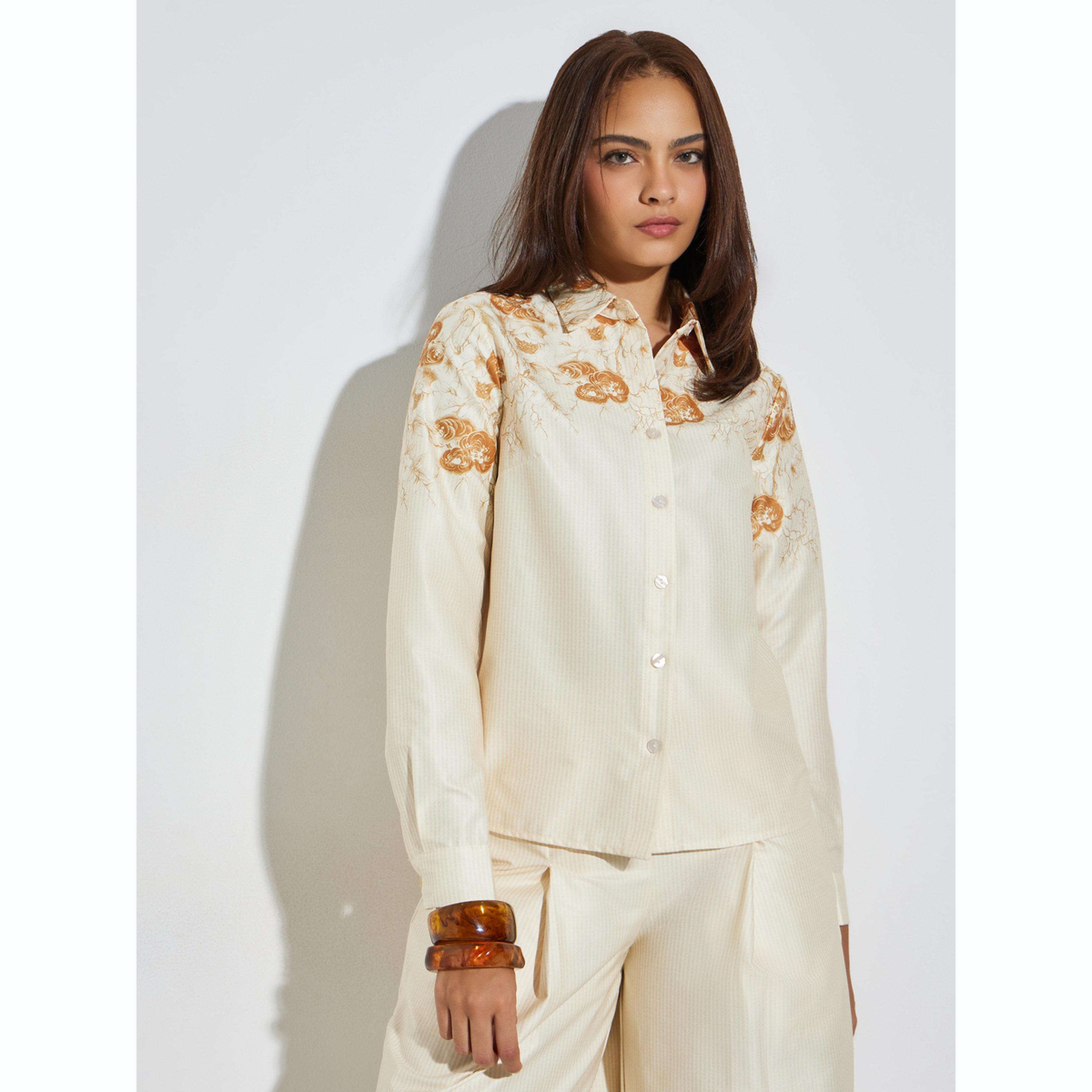 Styli Cream Printed Shirt and Wide Leg Pants Set-women-clothing-coordsets-image-2