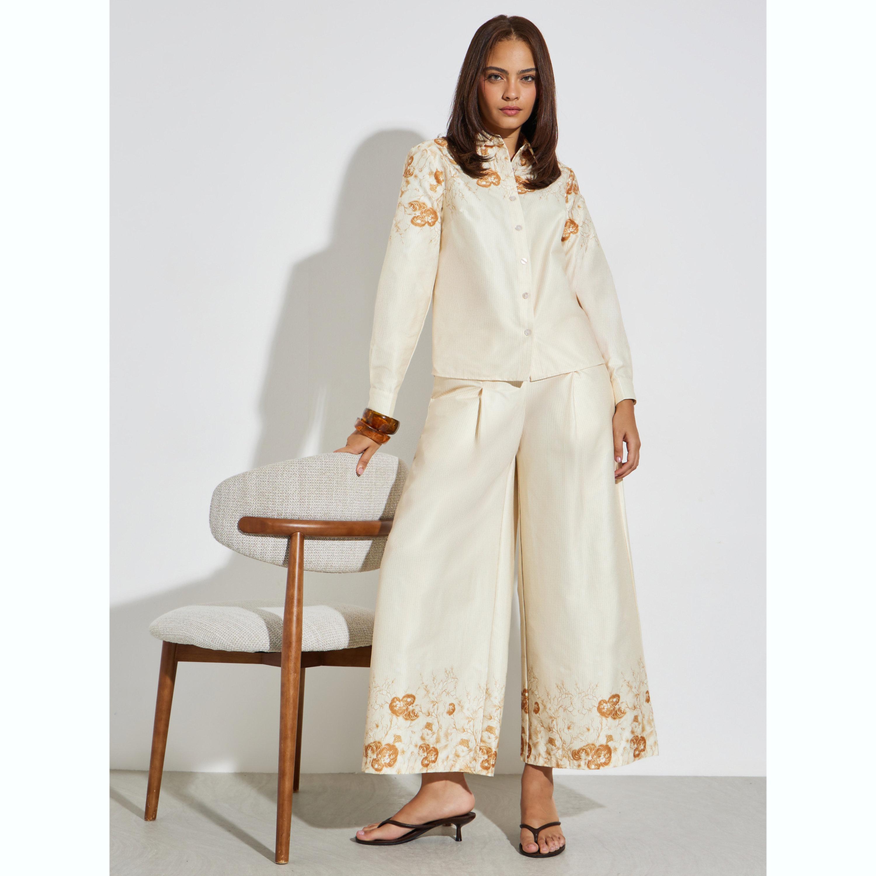 Styli Cream Printed Shirt and Wide Leg Pants Set-women-clothing-coordsets-image-3