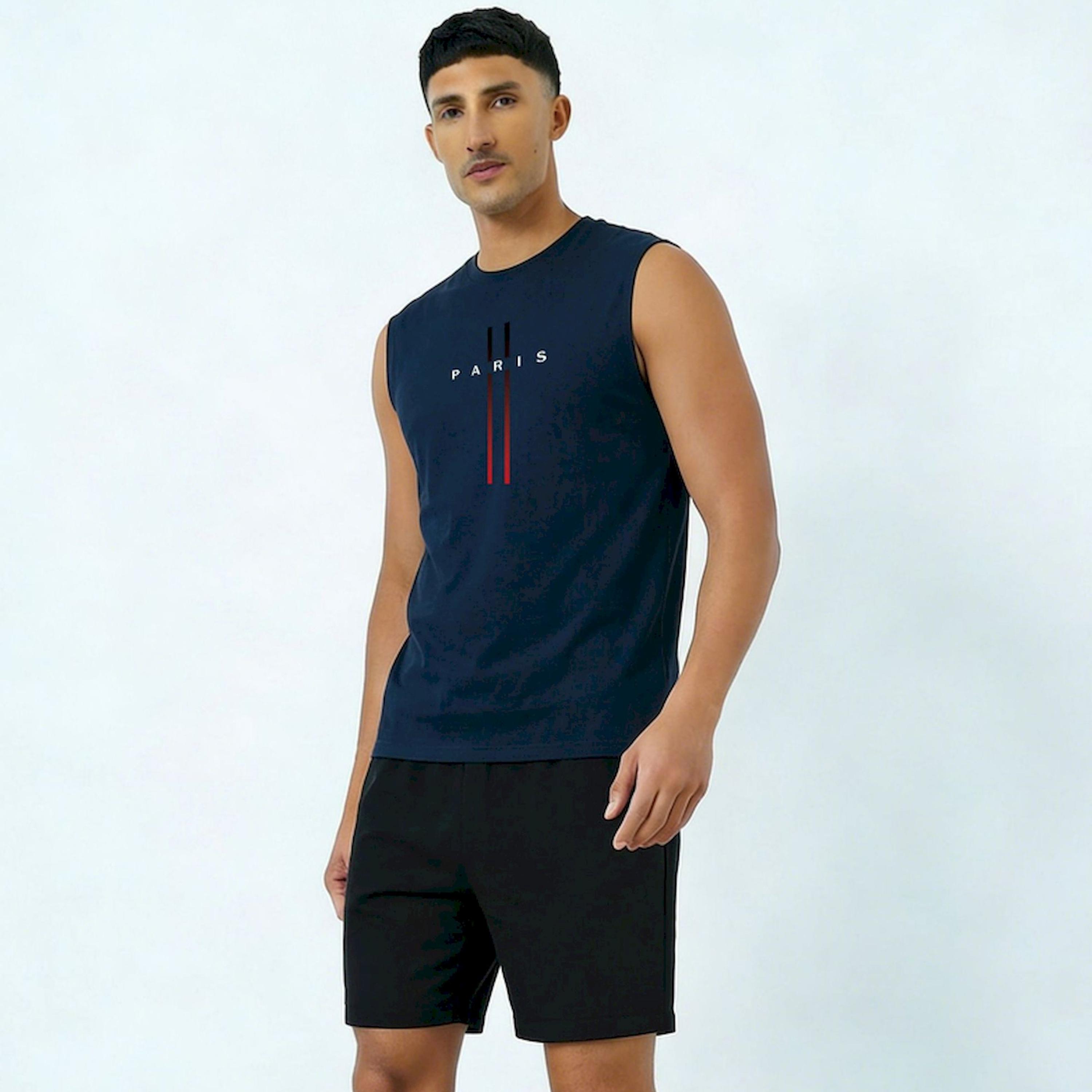 Take Two Men Navy Blue Graphic Print Round Neck Tank and Shorts Co-Ords-men-clothing-coordsets-image-1