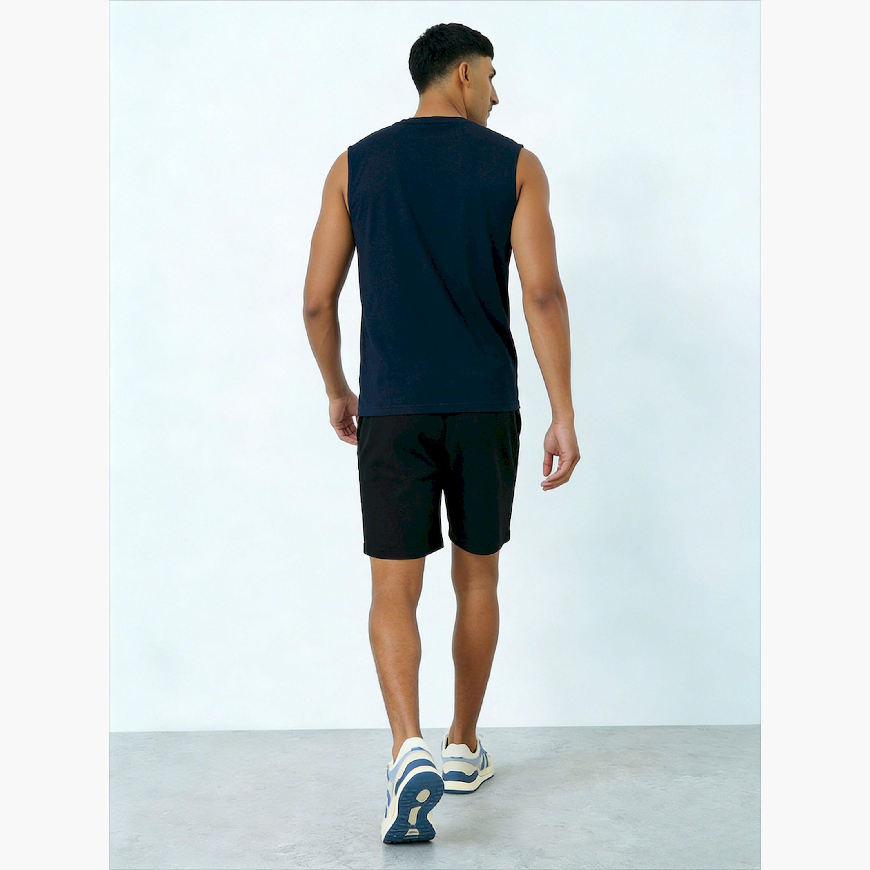 Take Two Men Navy Blue Graphic Print Round Neck Tank and Shorts Co-Ords-men-clothing-coordsets-image-2