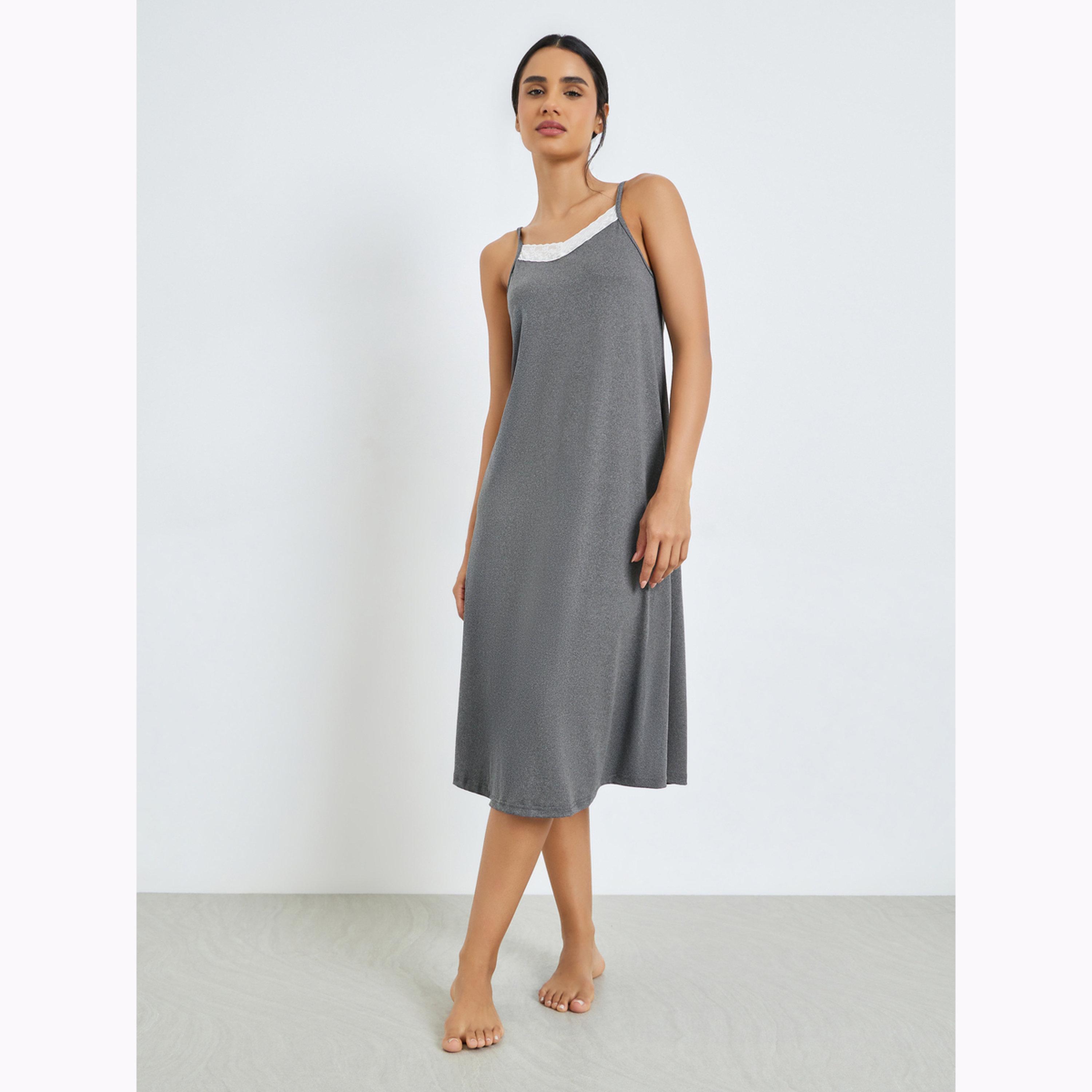 Styli Grey Contrast Lace Melange Slip Dress-women-clothing-nightwear-nighties-image-1