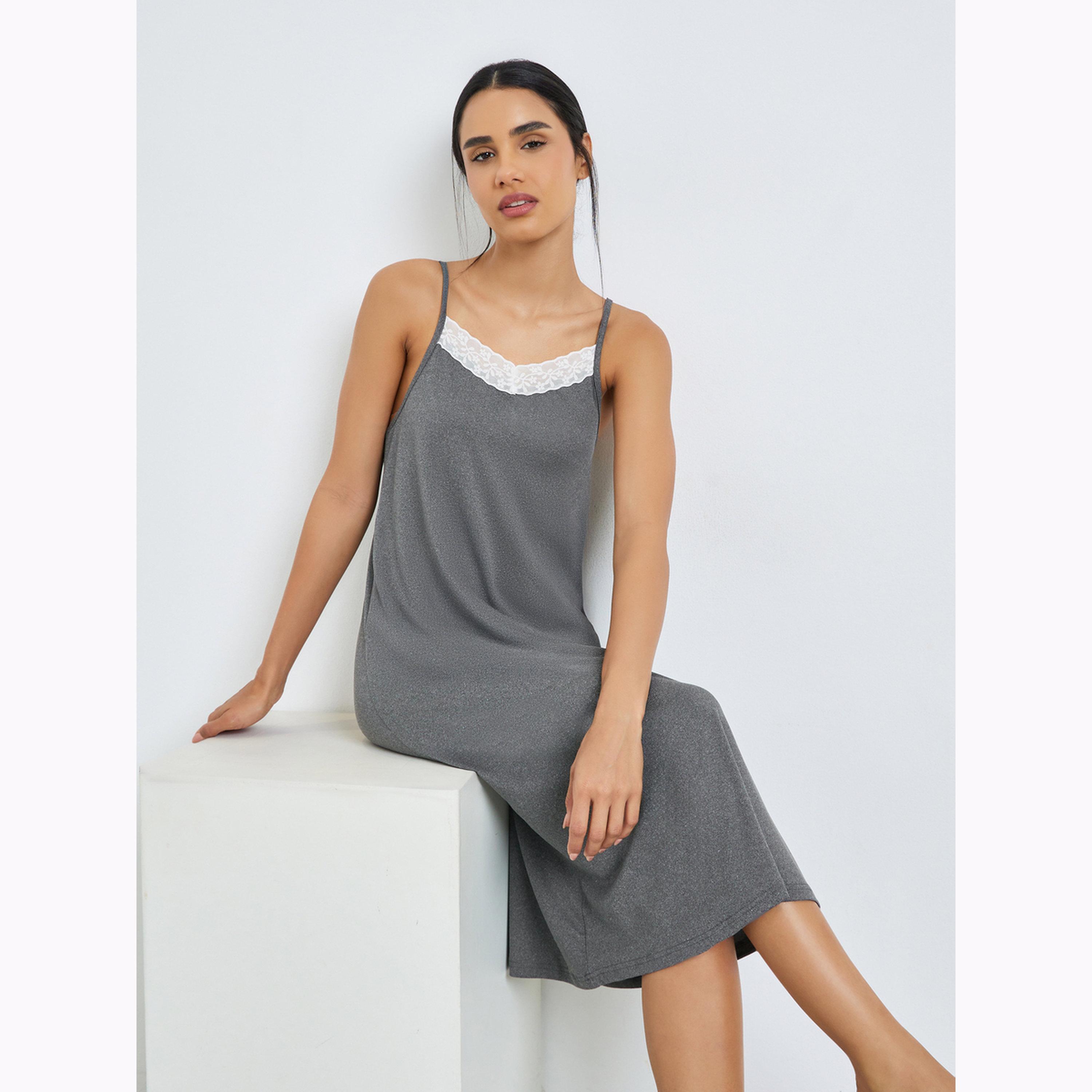 Styli Grey Contrast Lace Melange Slip Dress-women-clothing-nightwear-nighties-image-2