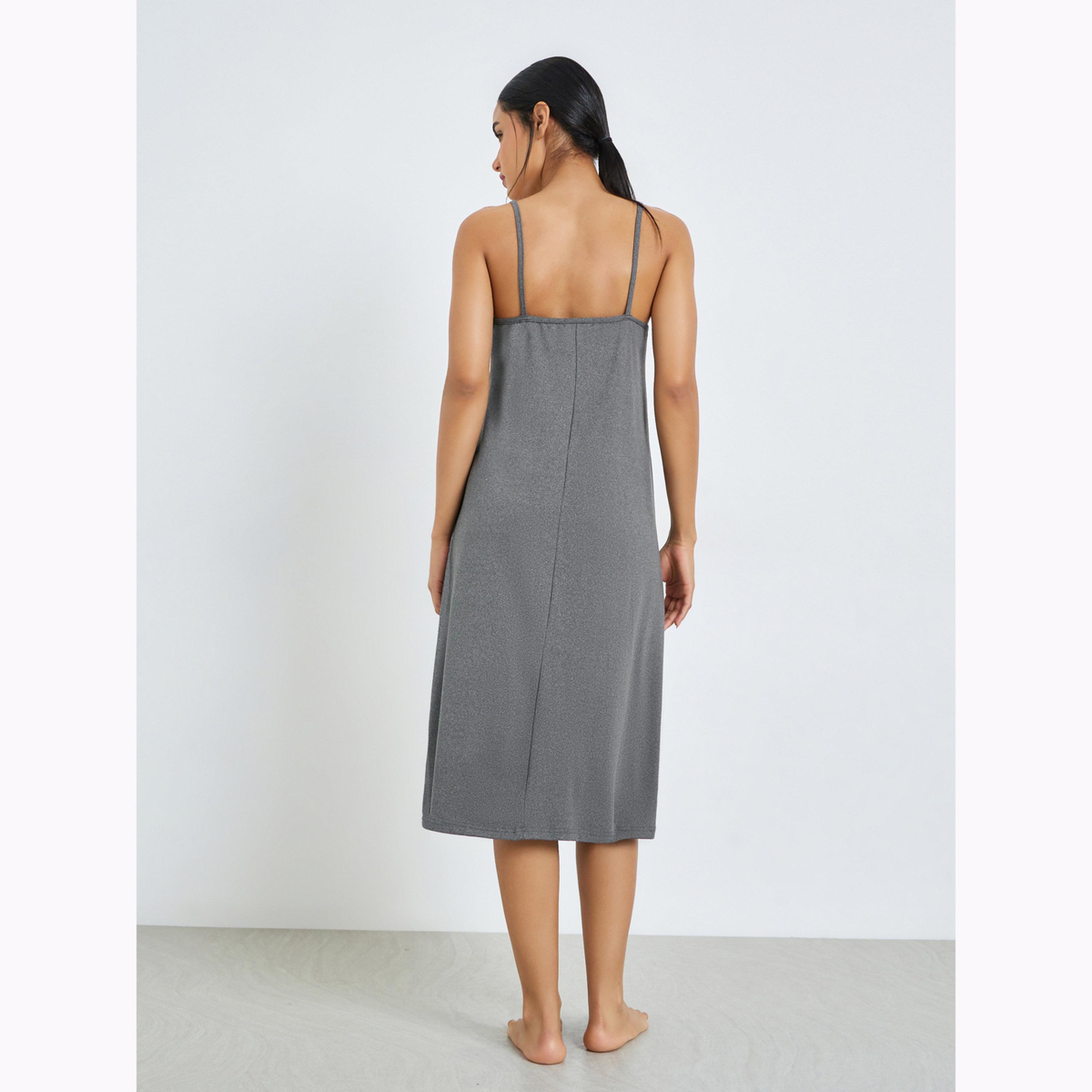 Styli Grey Contrast Lace Melange Slip Dress-women-clothing-nightwear-nighties-image-3