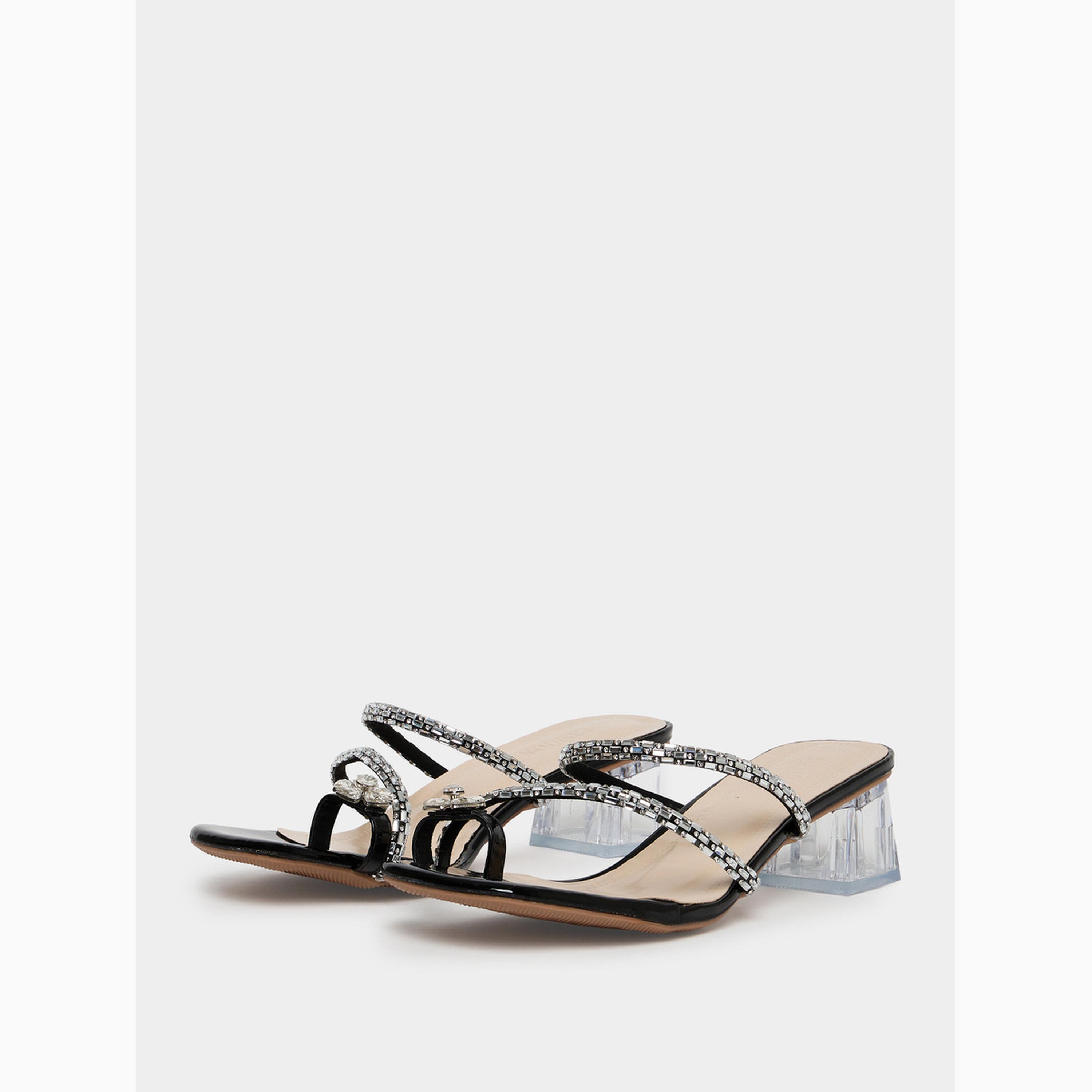 Take Two Black Embellished Block Heel Sandals-women-shoes-sandals-heeled-image-1