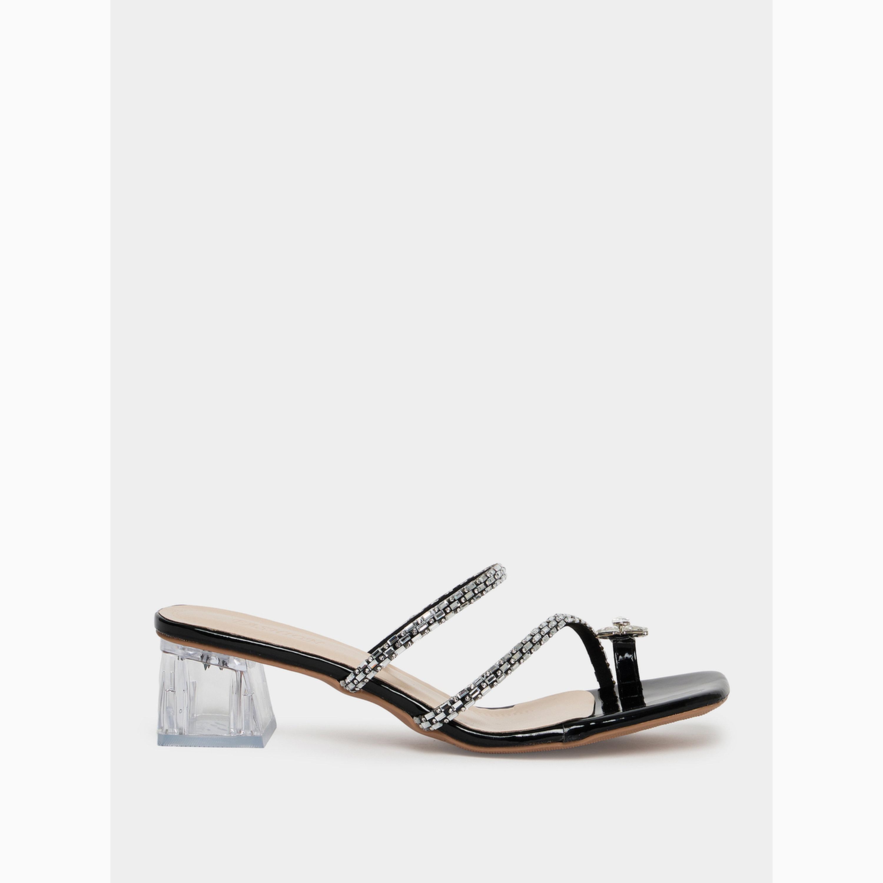 Take Two Black Embellished Block Heel Sandals-women-shoes-sandals-heeled-image-2