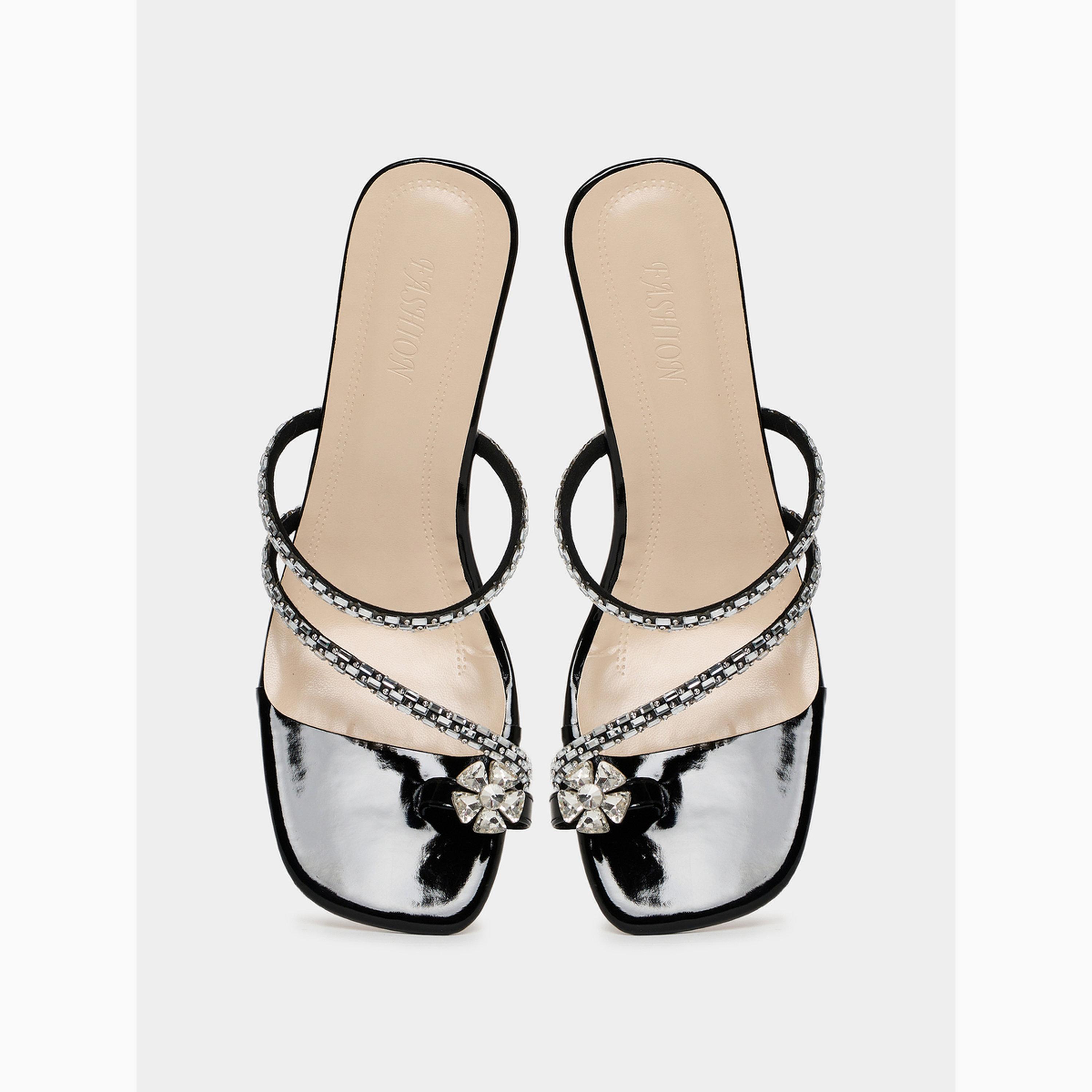 Take Two Black Embellished Block Heel Sandals-women-shoes-sandals-heeled-image-5