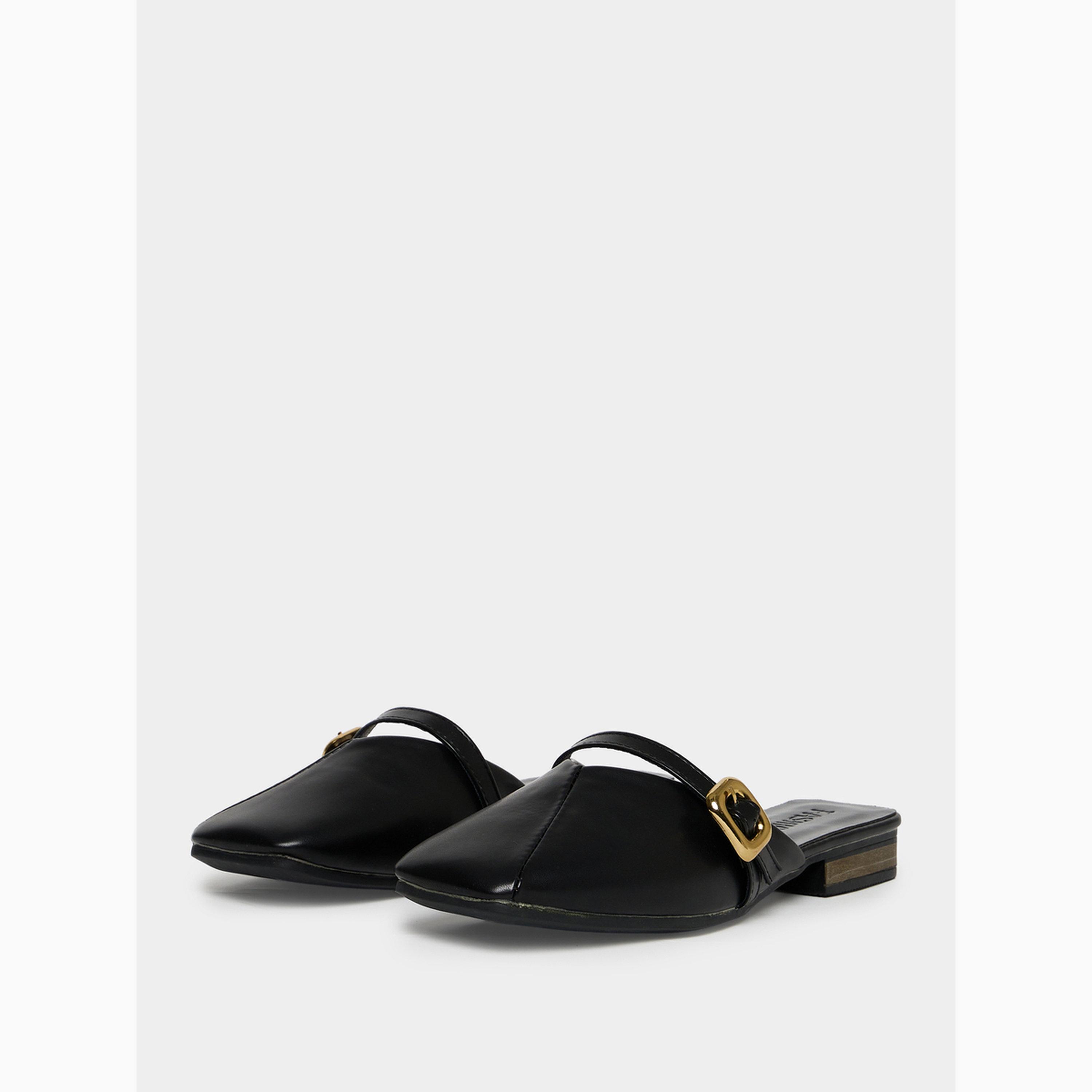Take Two Black Buckle Flat Sandals-women-shoes-heels-image-1