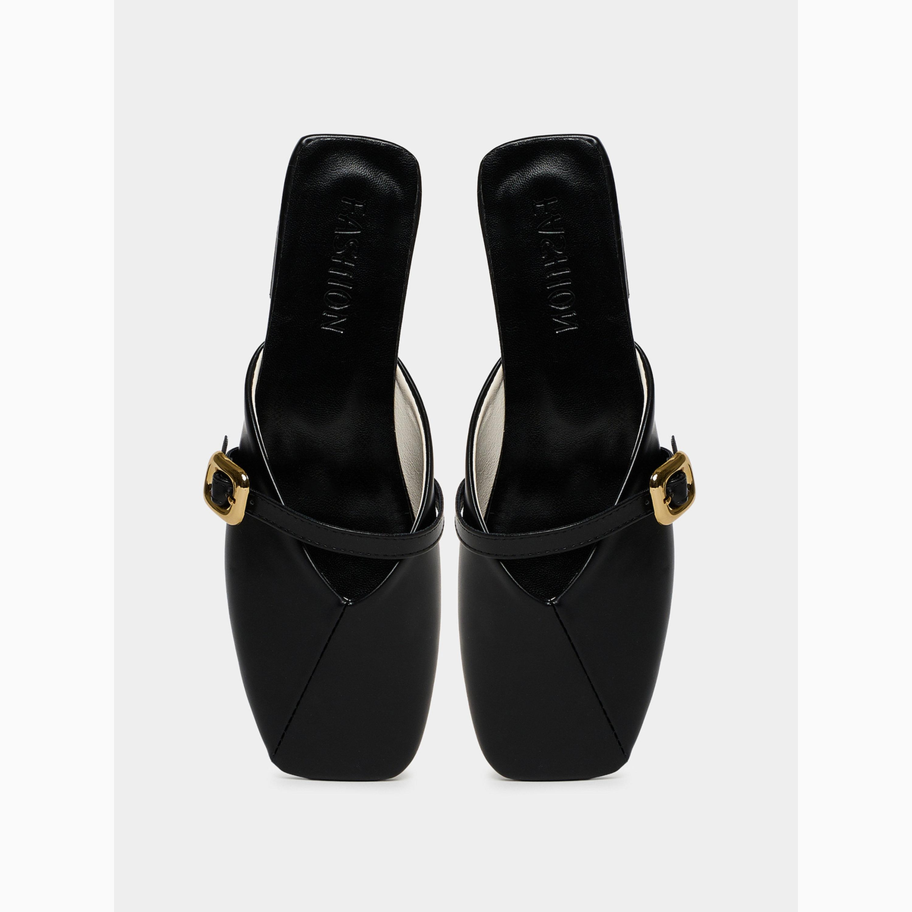 Take Two Black Buckle Flat Sandals-women-shoes-heels-image-5