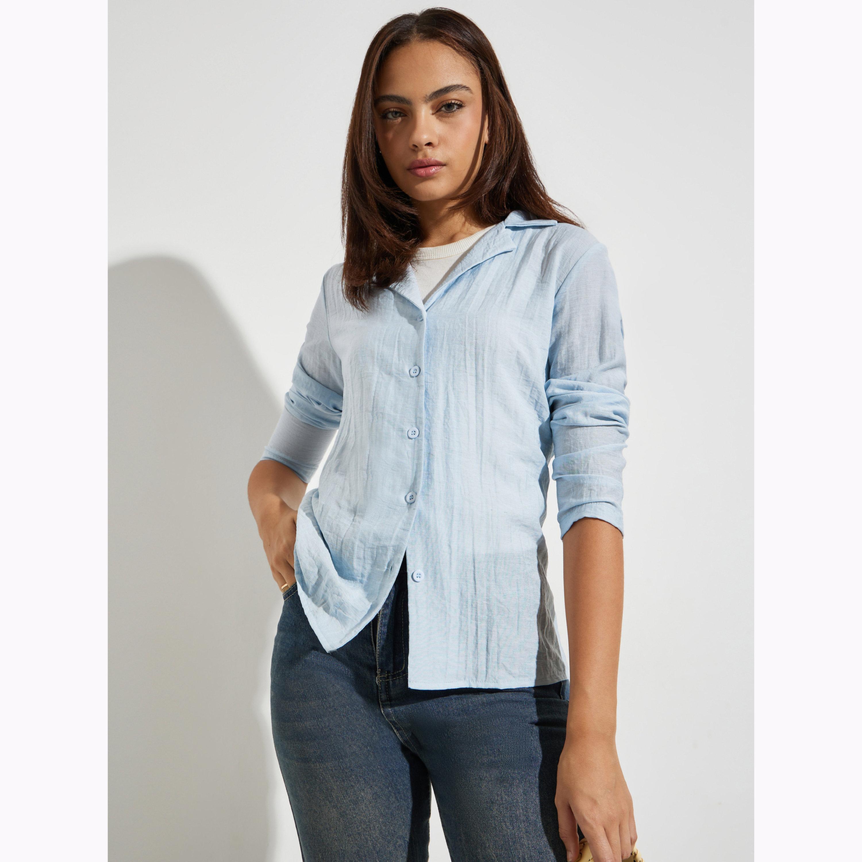 Styli Blue Crinkle Button-Down Shirt-women-clothing-shirtsandblouses-shirts-image-1
