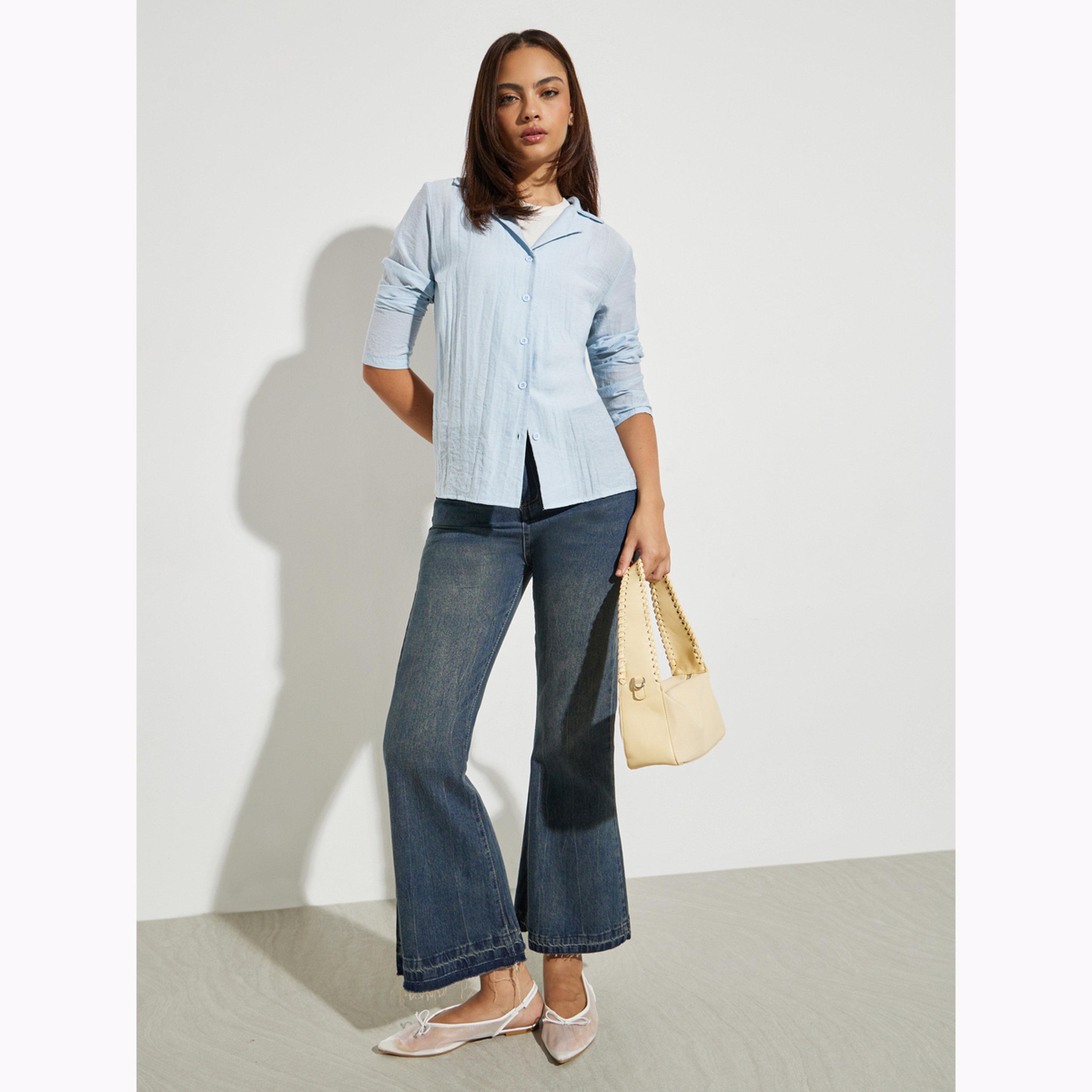 Styli Blue Crinkle Button-Down Shirt-women-clothing-shirtsandblouses-shirts-image-2