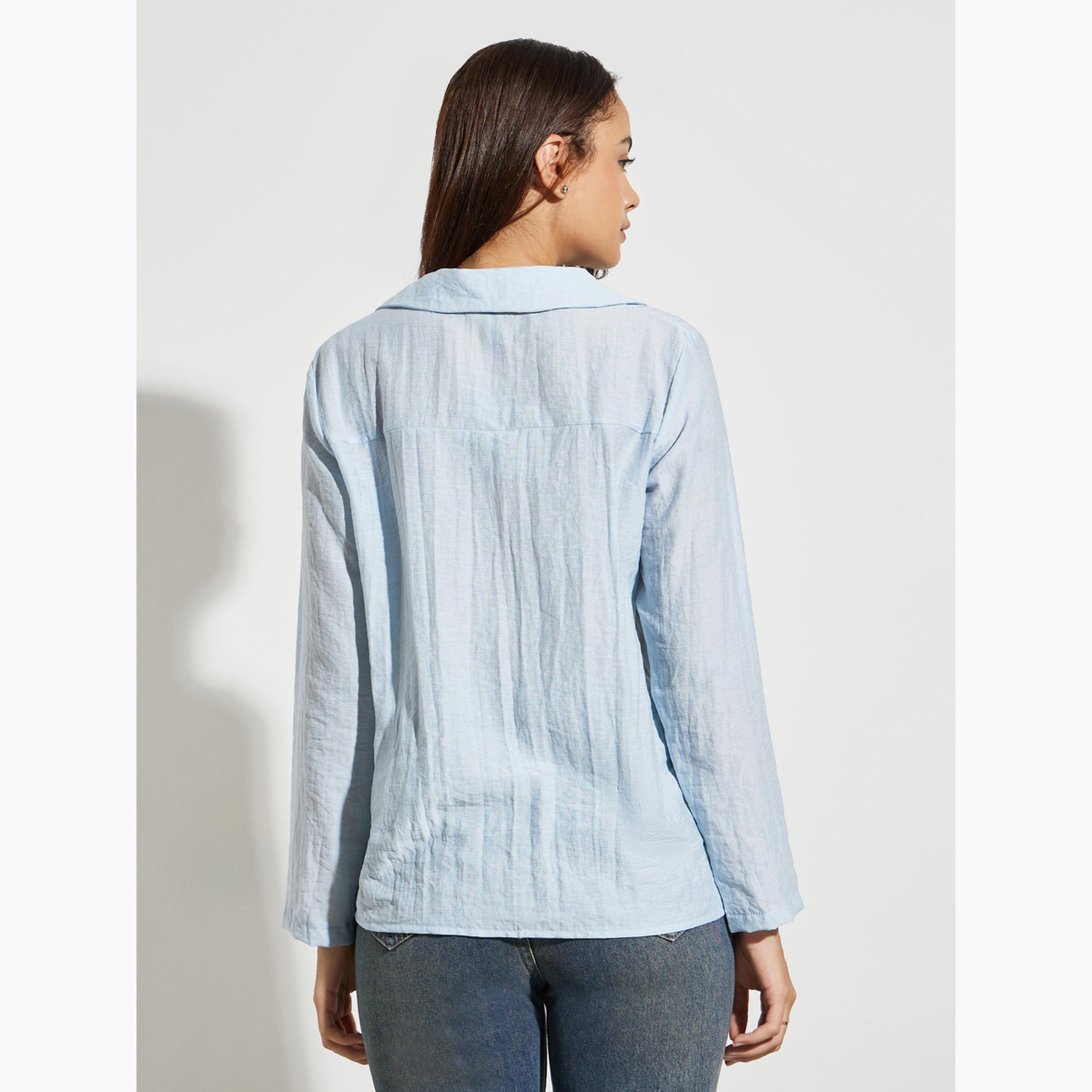 بلوزة بأزرار وتفاصيل مجعدة بلون أزرق-women-clothing-shirtsandblouses-shirts-image-3