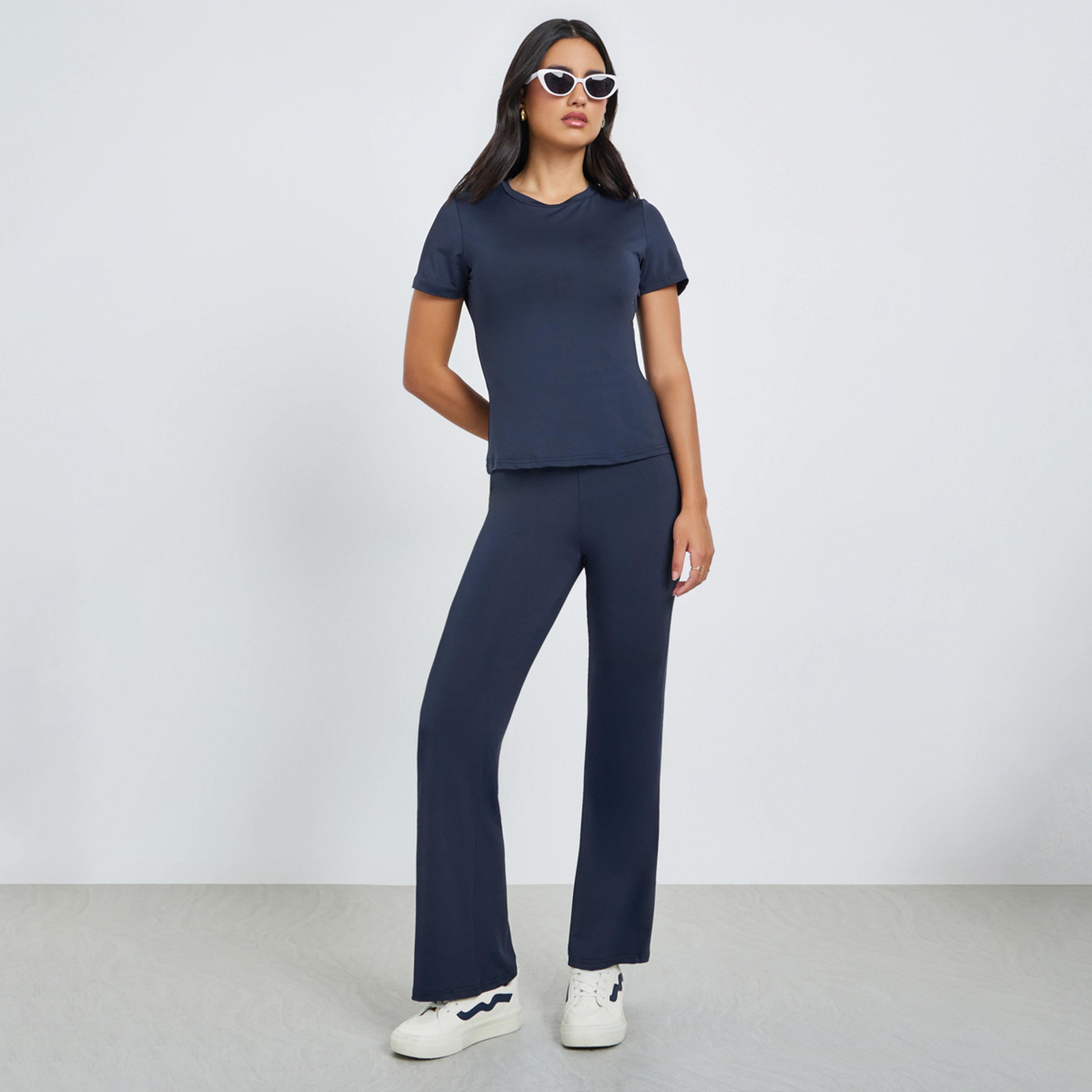Styli Dark Blue Solid T-Shirt and Flared Leggings Co-Ords-women-clothing-coordsets-image-1