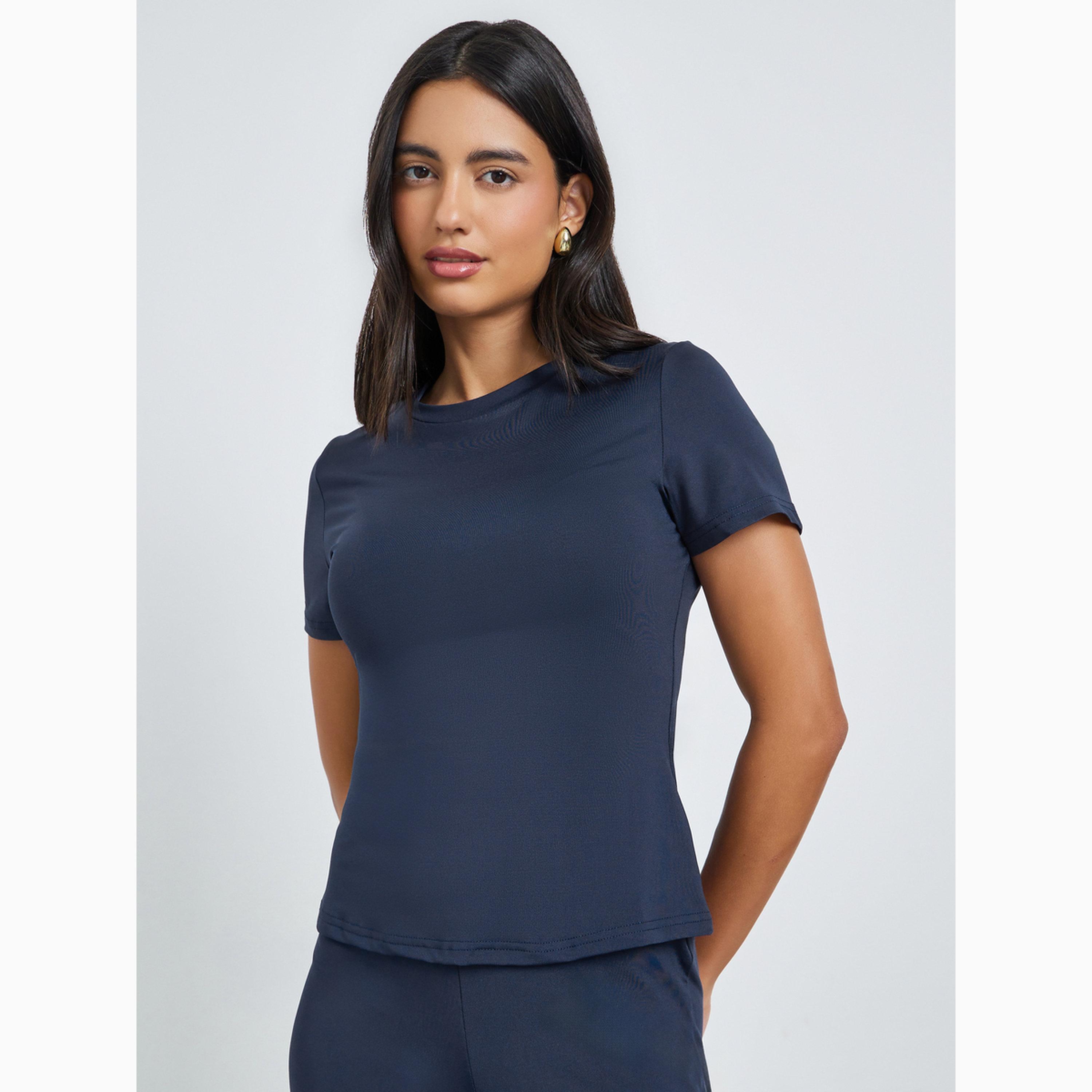 Styli Dark Blue Solid T-Shirt and Flared Leggings Co-Ords-women-clothing-coordsets-image-2