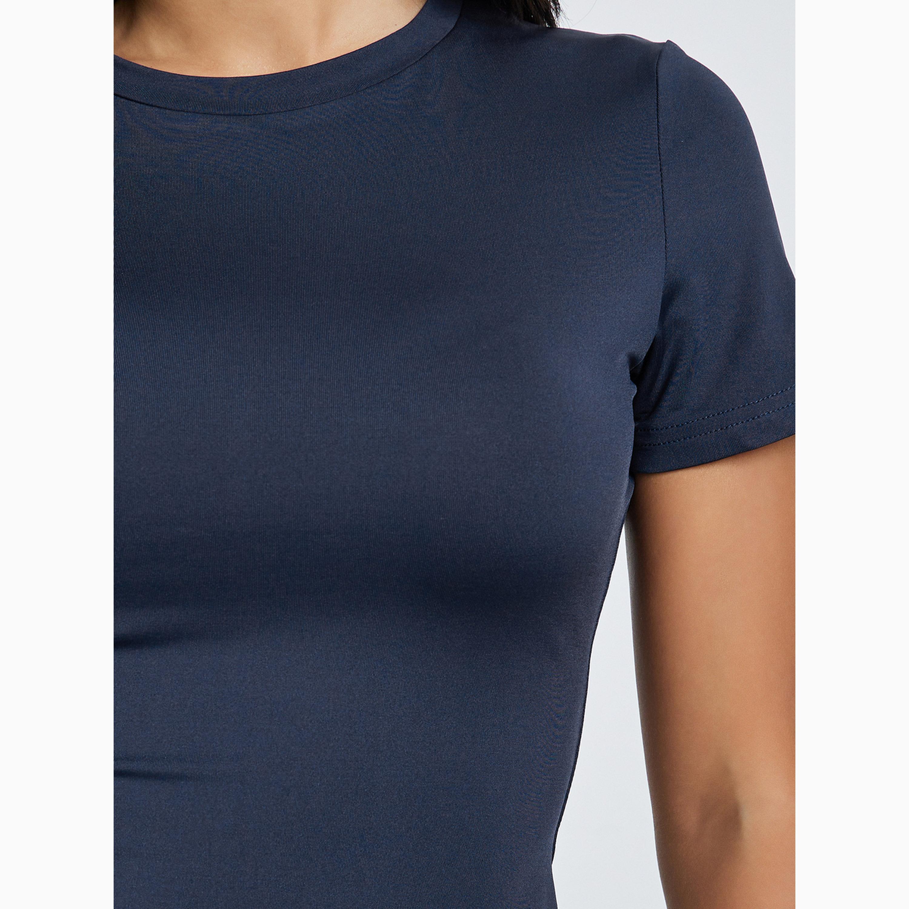 Styli Dark Blue Solid T-Shirt and Flared Leggings Co-Ords-women-clothing-coordsets-image-3