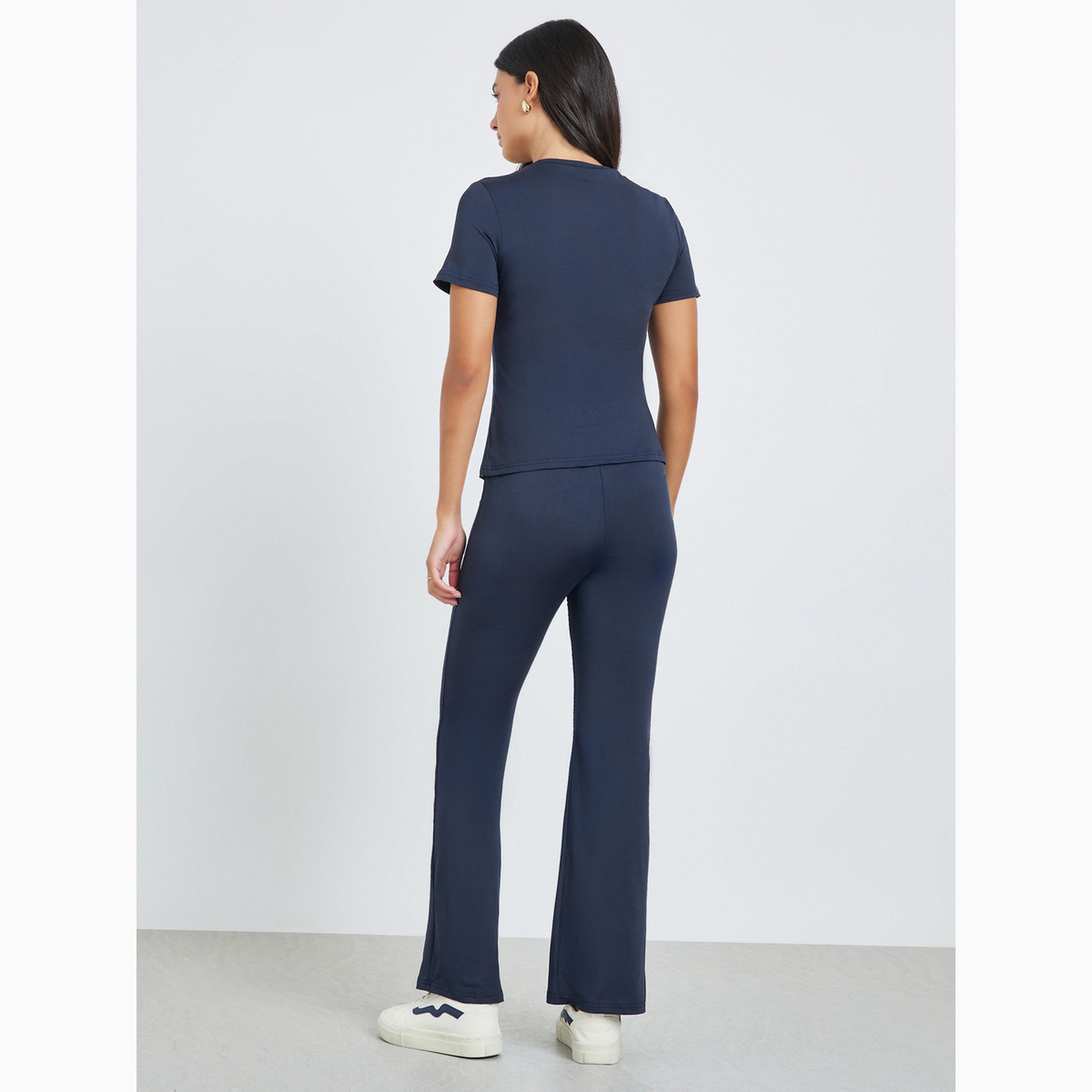 Styli Dark Blue Solid T-Shirt and Flared Leggings Co-Ords-women-clothing-coordsets-image-5