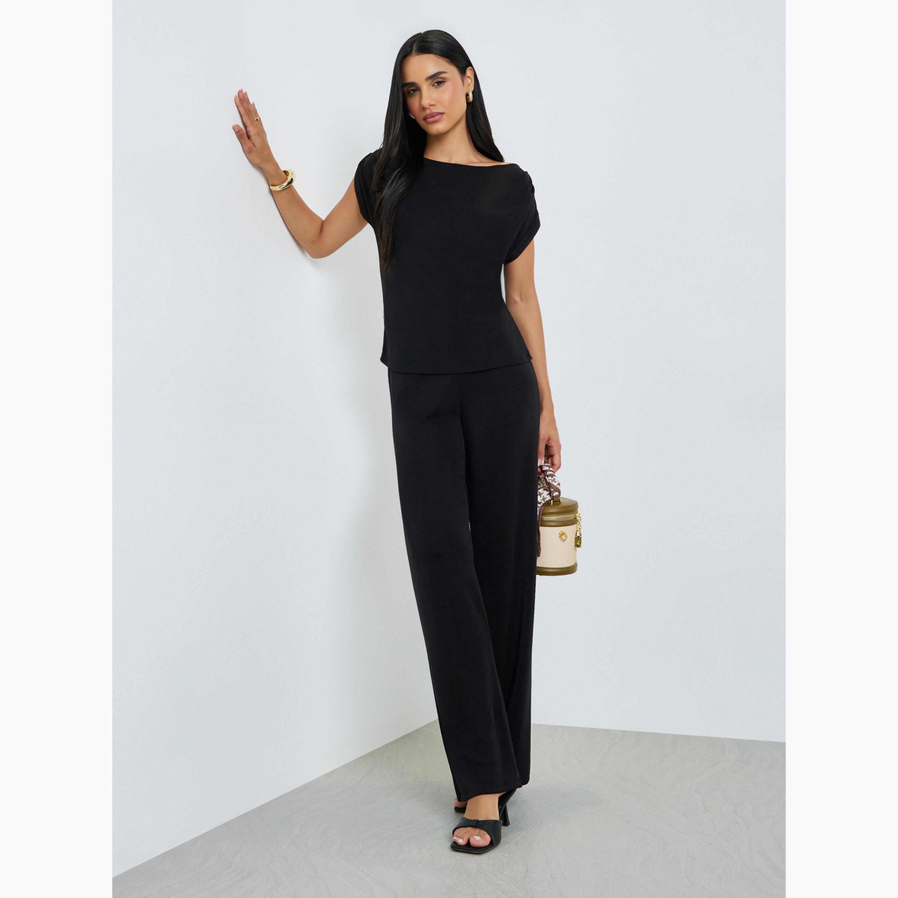 Styli Black Solid Knit Top and Straight Leg Pants Co-Ords-women-clothing-coordsets-image-1