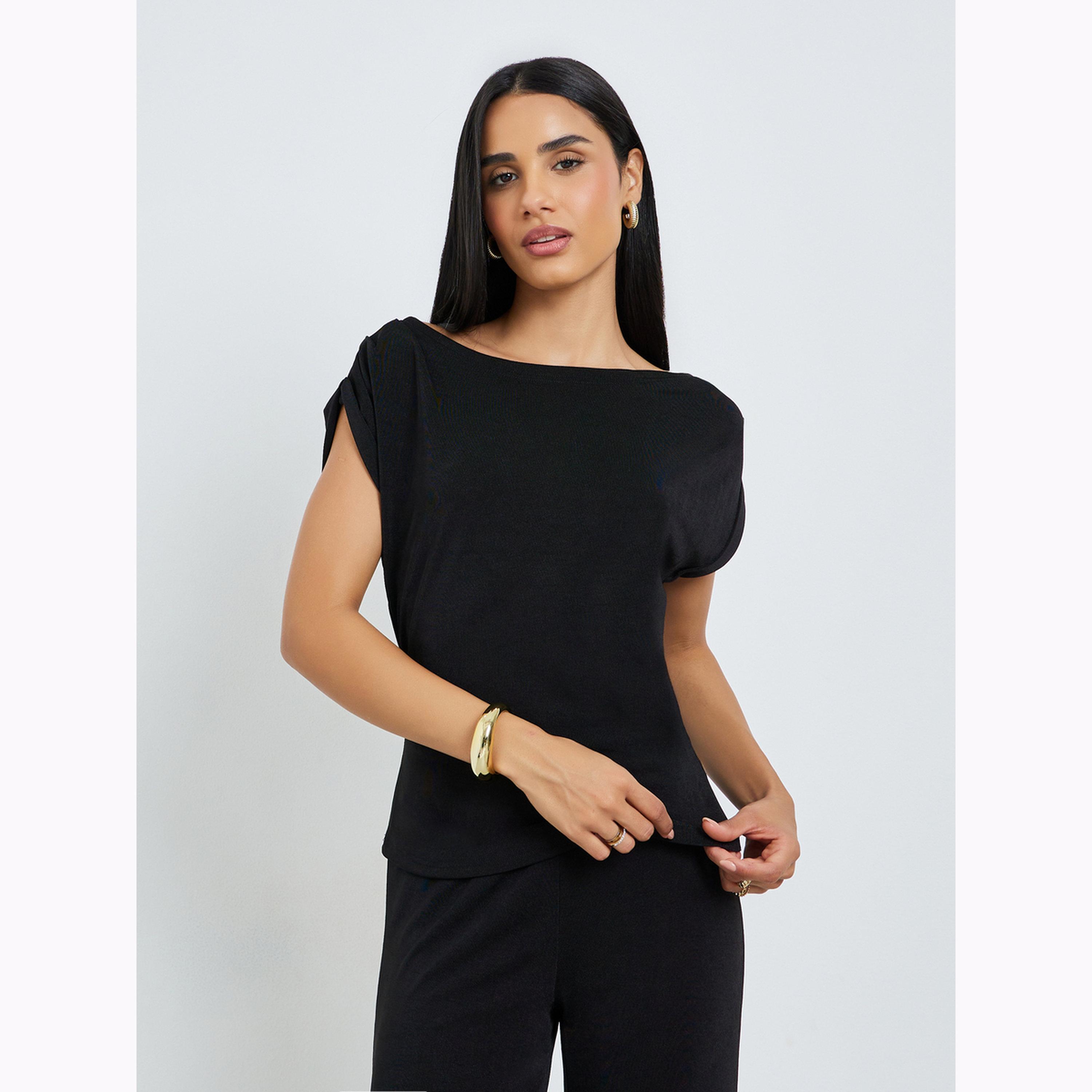 Styli Black Solid Knit Top and Straight Leg Pants Co-Ords-women-clothing-coordsets-image-3