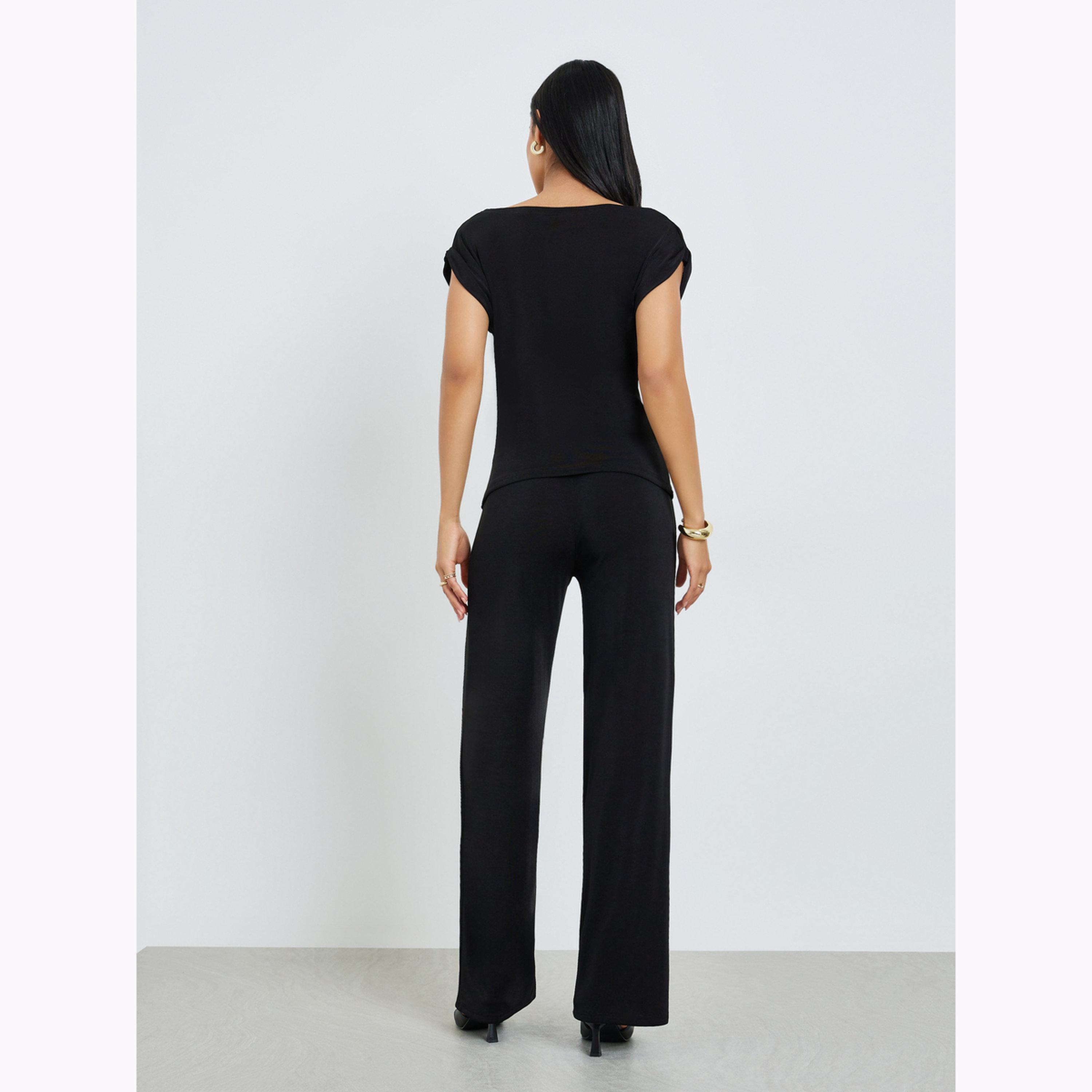 Styli Black Solid Knit Top and Straight Leg Pants Co-Ords-women-clothing-coordsets-image-4