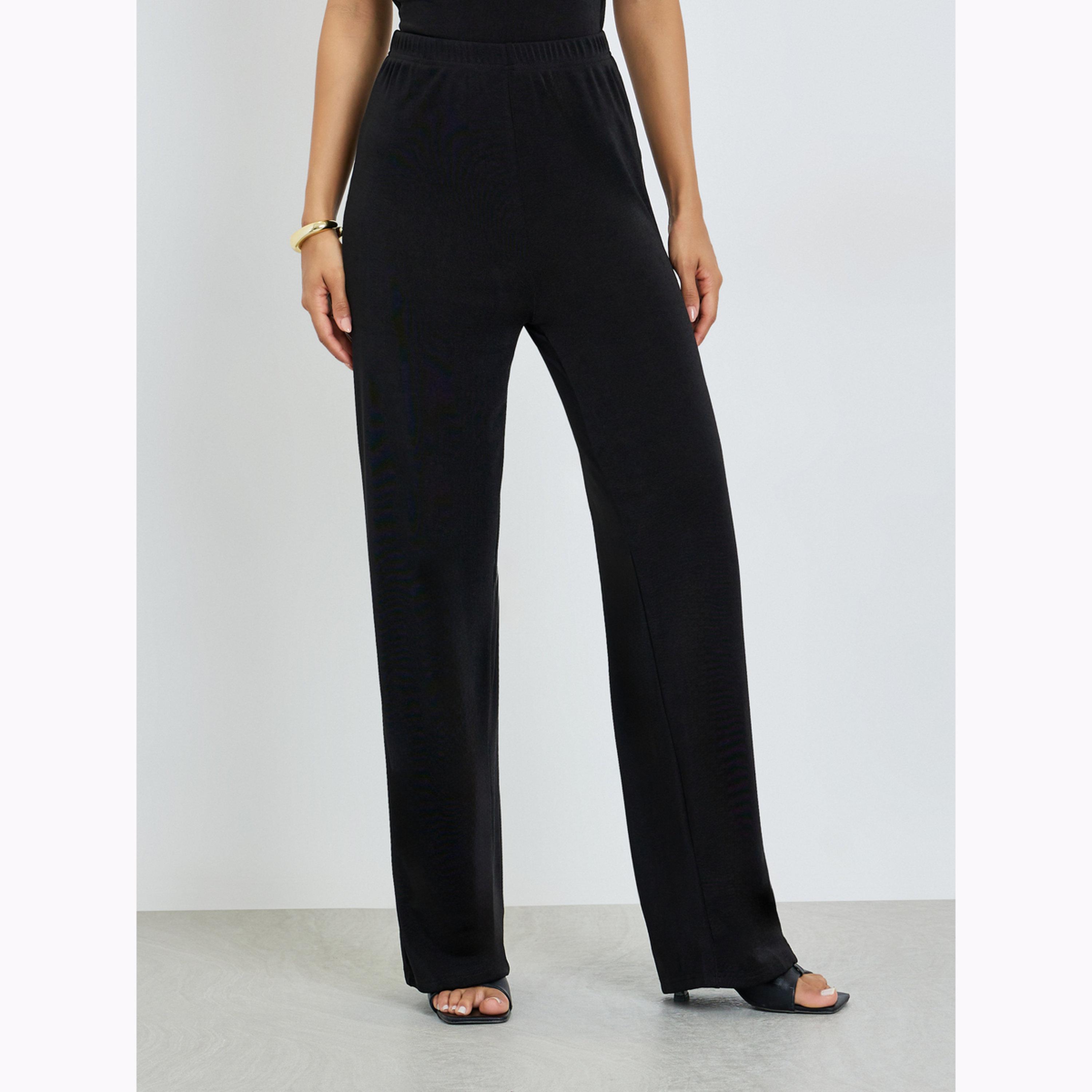 Styli Black Solid Knit Top and Straight Leg Pants Co-Ords-women-clothing-coordsets-image-5