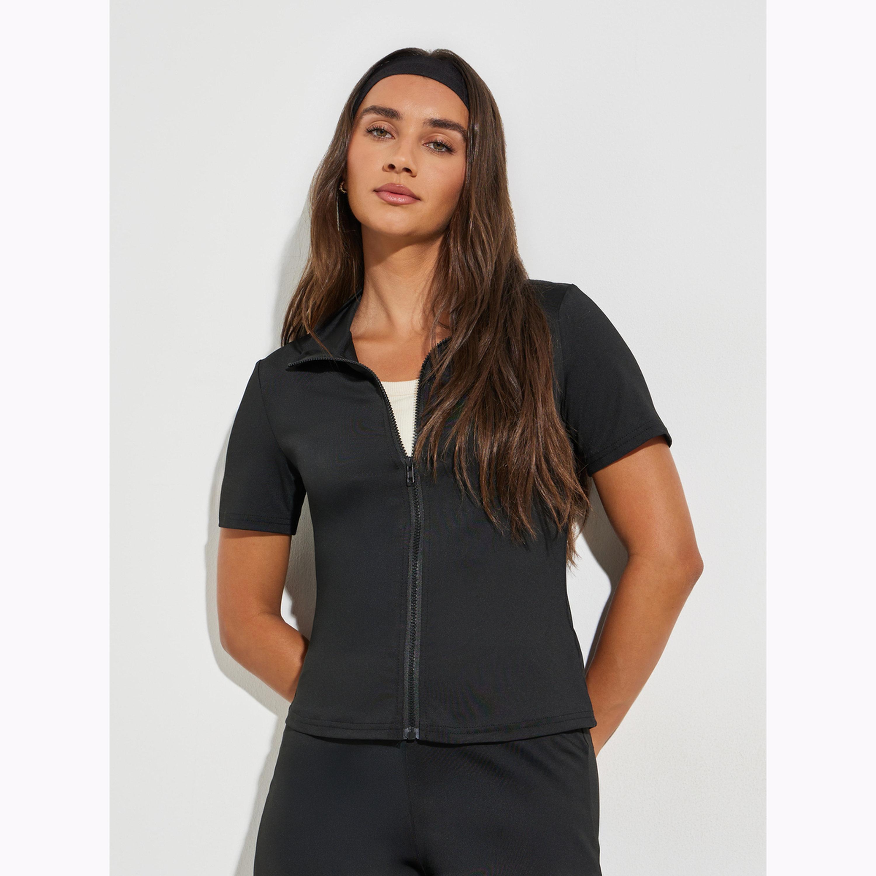 Styli Black Front Zip T-Shirt and Flare Leggings Co-Ords-women-clothing-coordsets-image-2