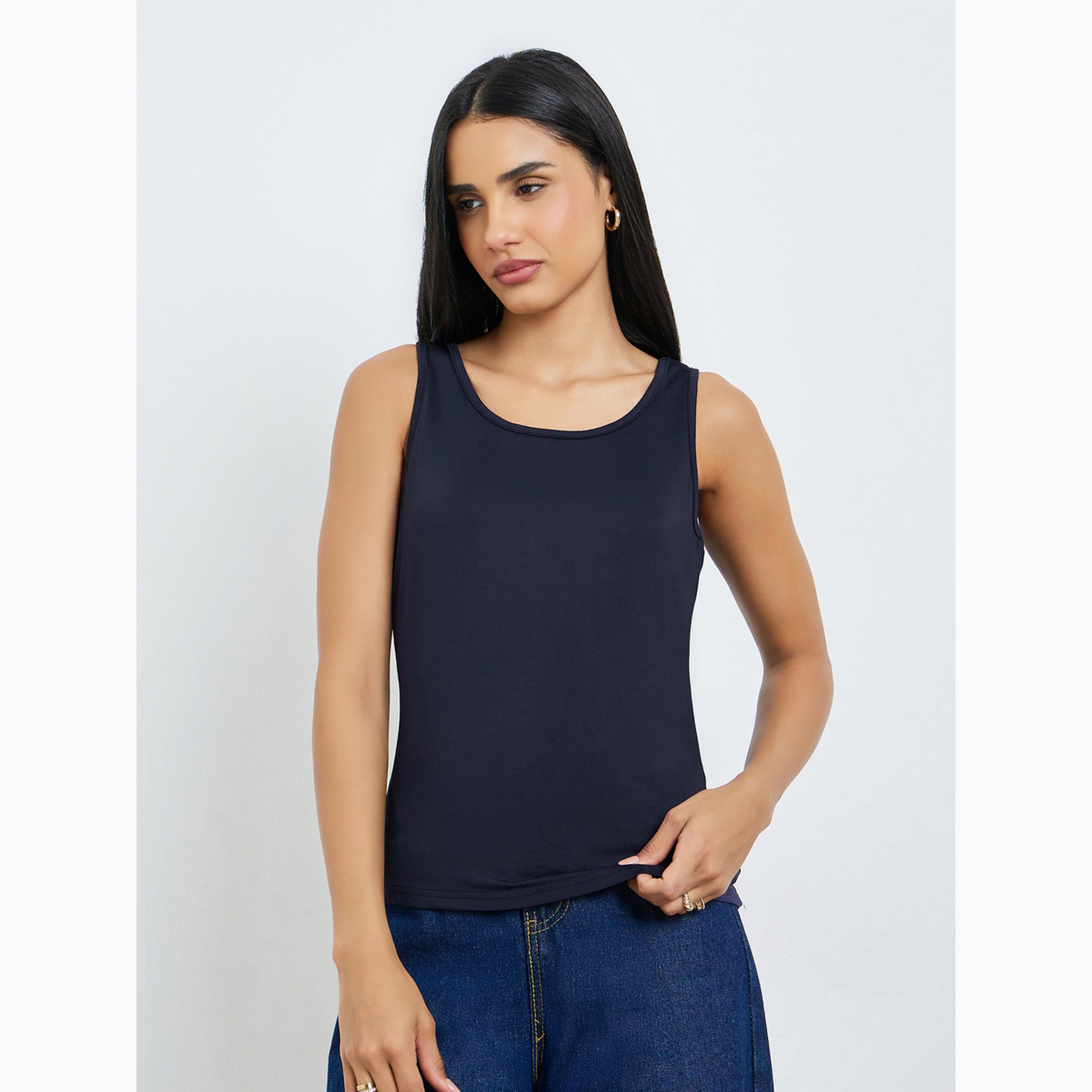Styli Blue Solid Round Neck Cami Top-women-clothing-shirtsandblouses-blouses-image-1