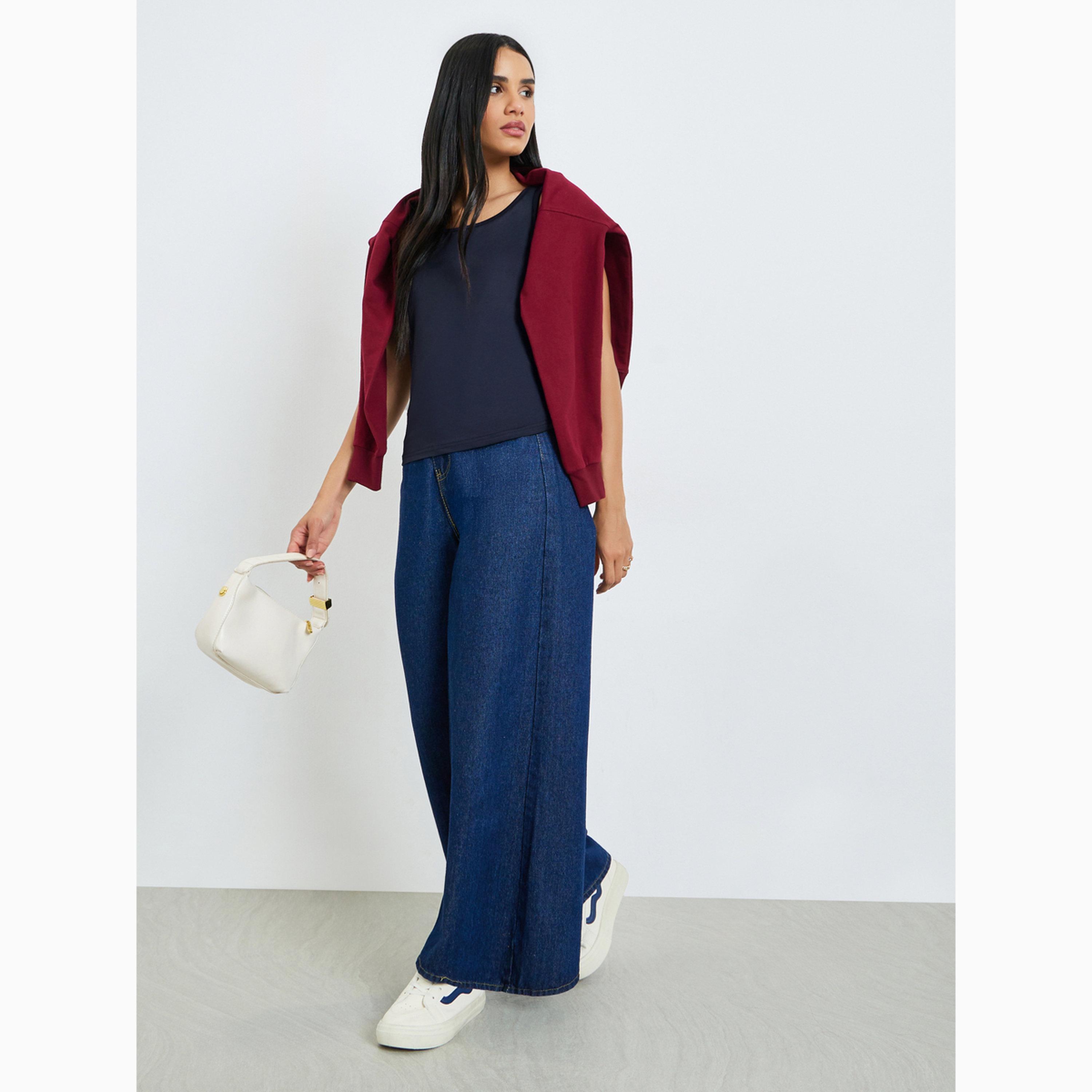 توب كامي أزرق سادة بياقة مستديرة-women-clothing-shirtsandblouses-blouses-image-2