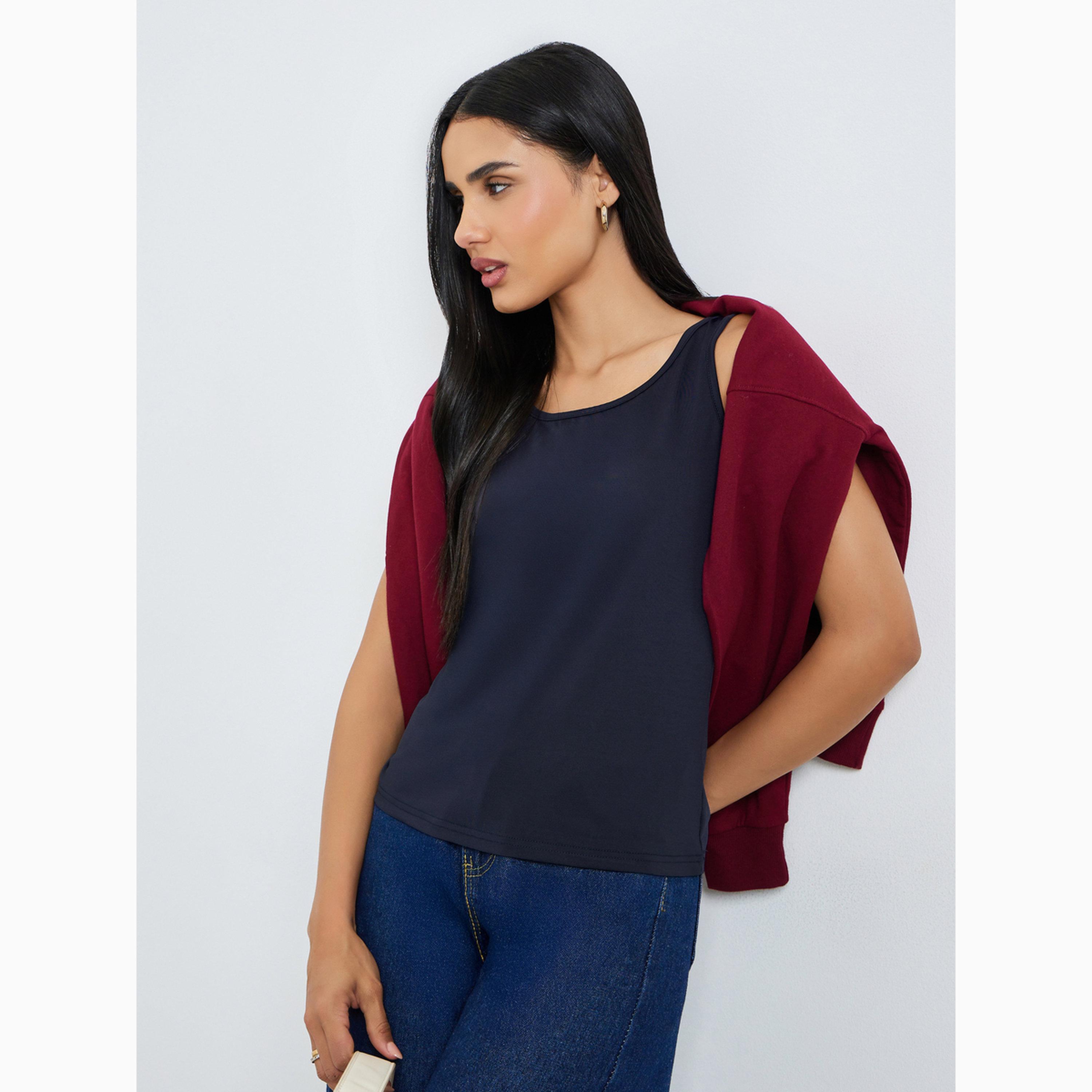 Styli Blue Solid Round Neck Cami Top-women-clothing-shirtsandblouses-blouses-image-3