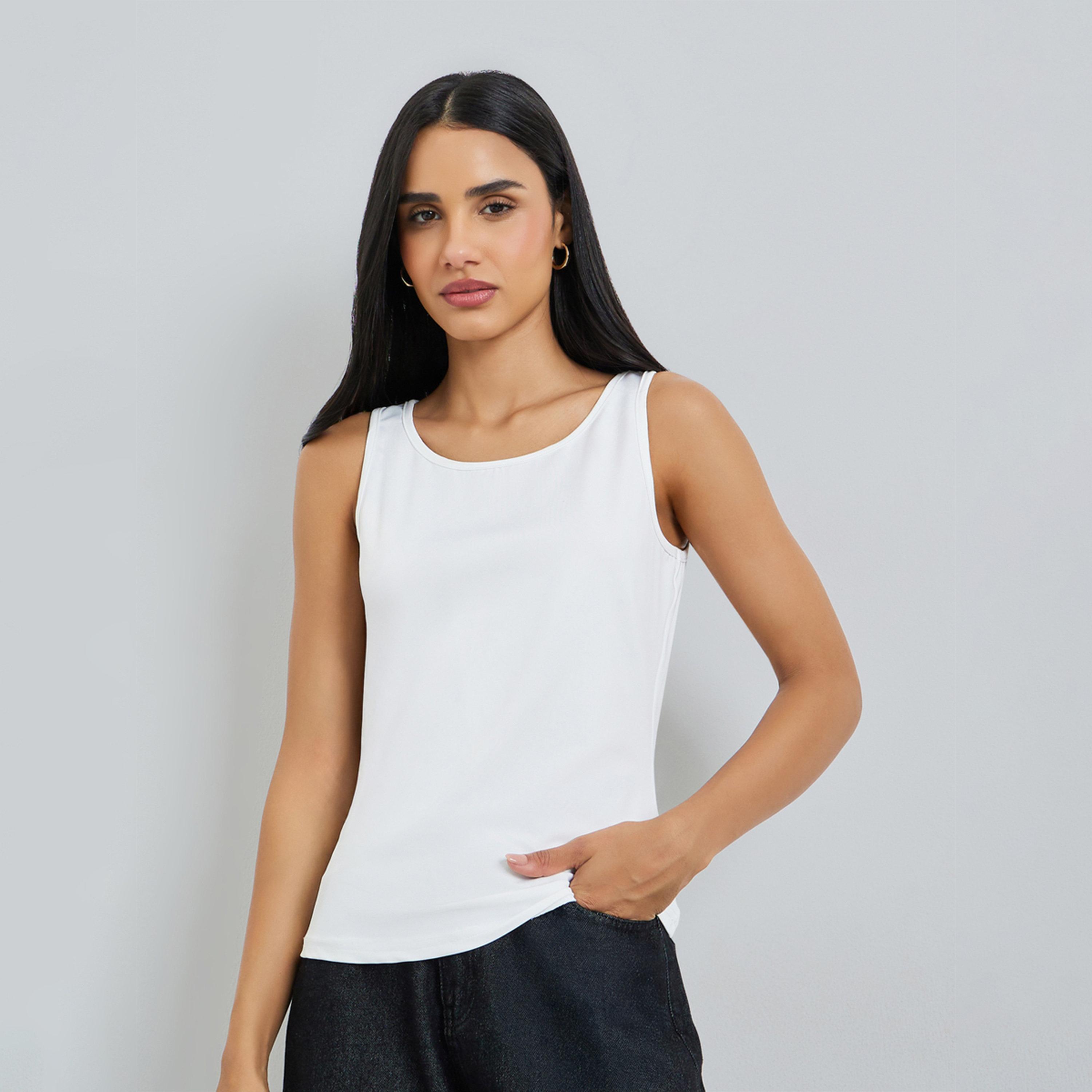 Styli White Solid Round Neck Cami Top-women-clothing-shirtsandblouses-blouses-image-1