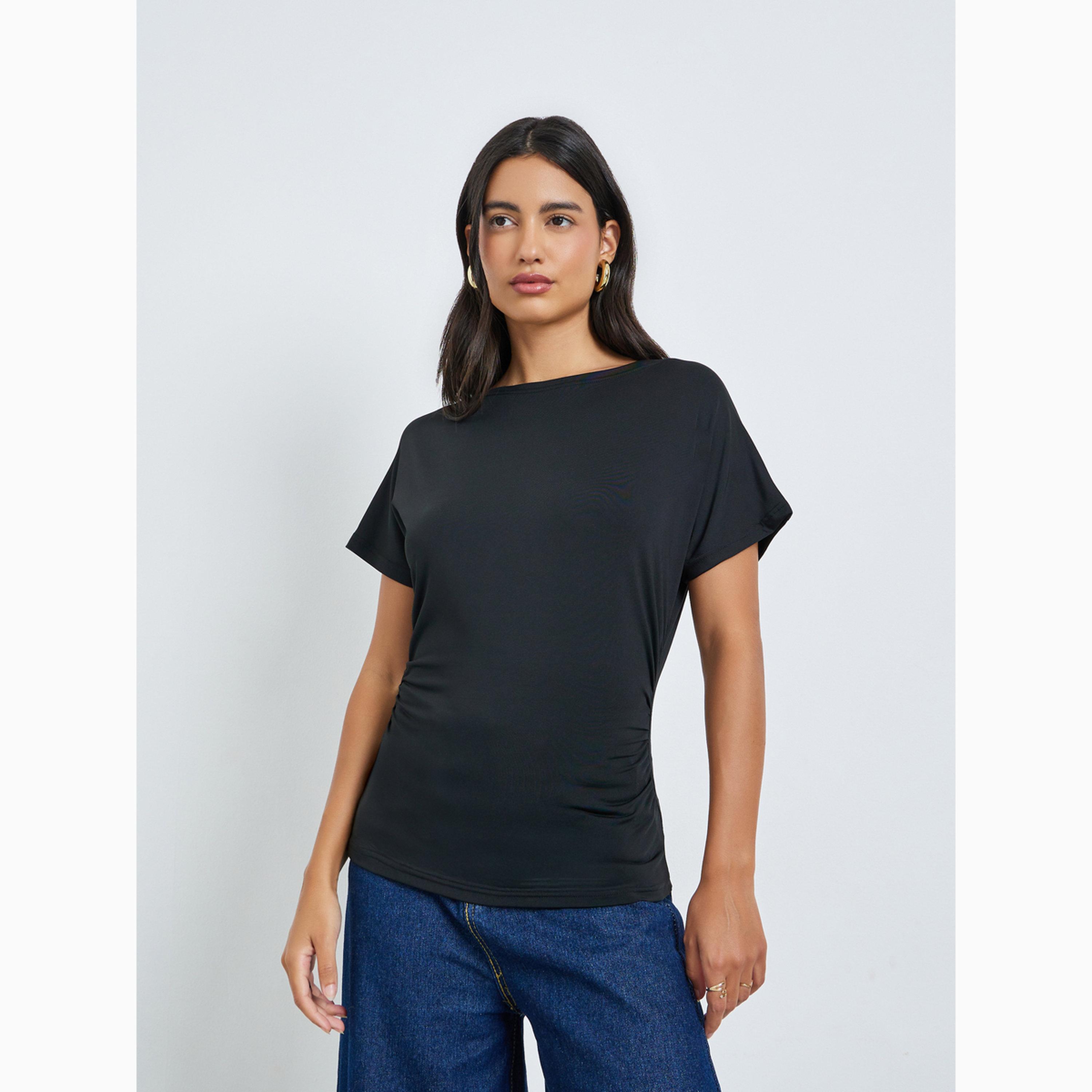 Styli Black Solid Round Neck T-Shirt-women-clothing-tshirts-image-1