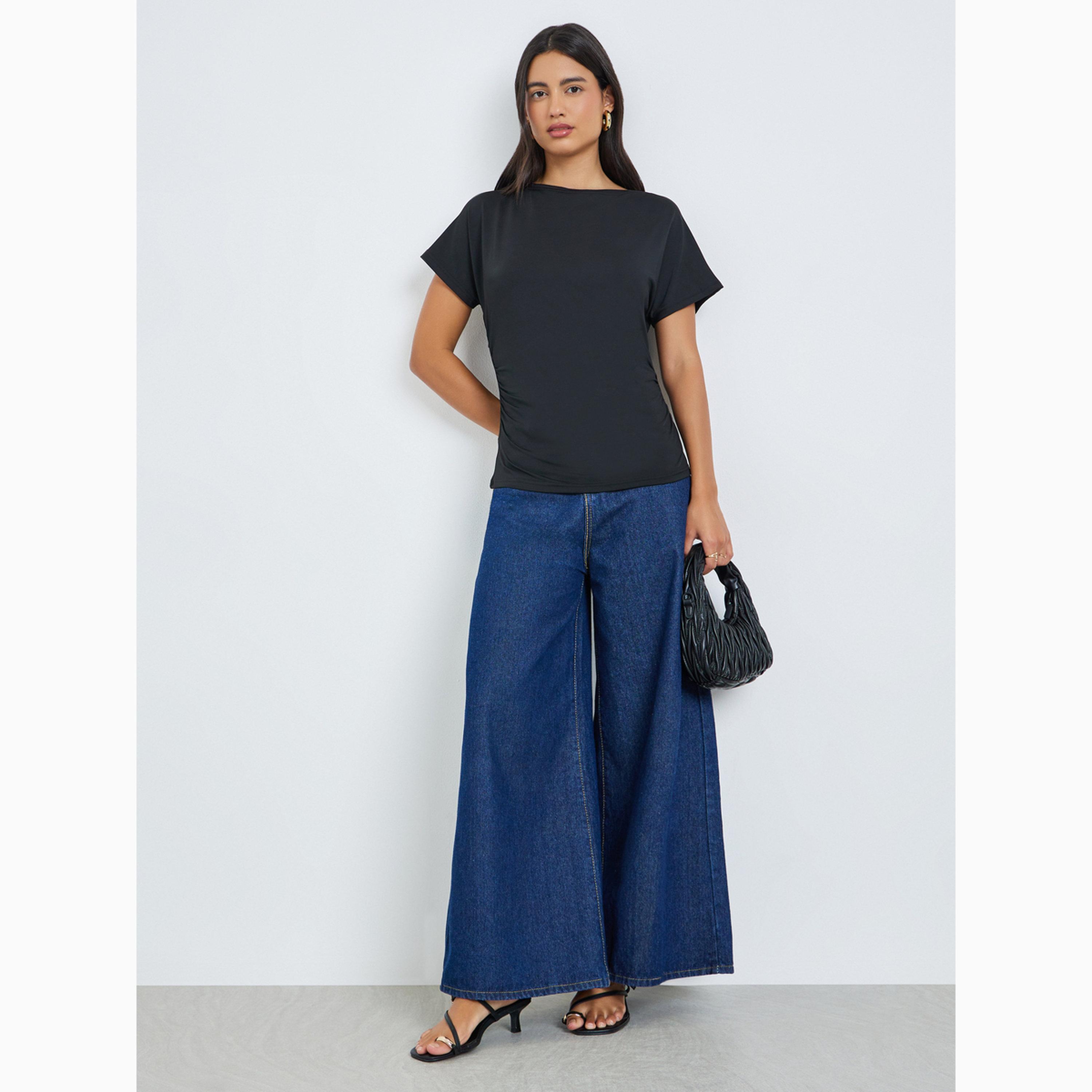 Styli Black Solid Round Neck T-Shirt-women-clothing-tshirts-image-2