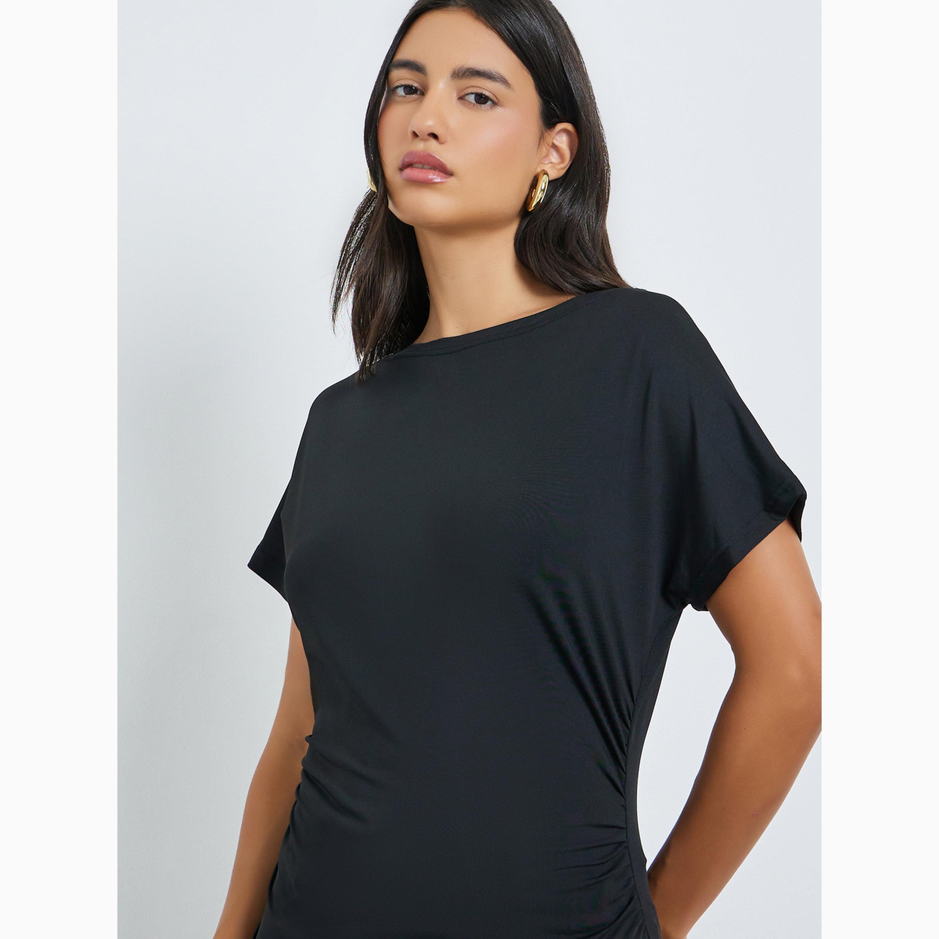 Styli Black Solid Round Neck T-Shirt-women-clothing-tshirts-image-3