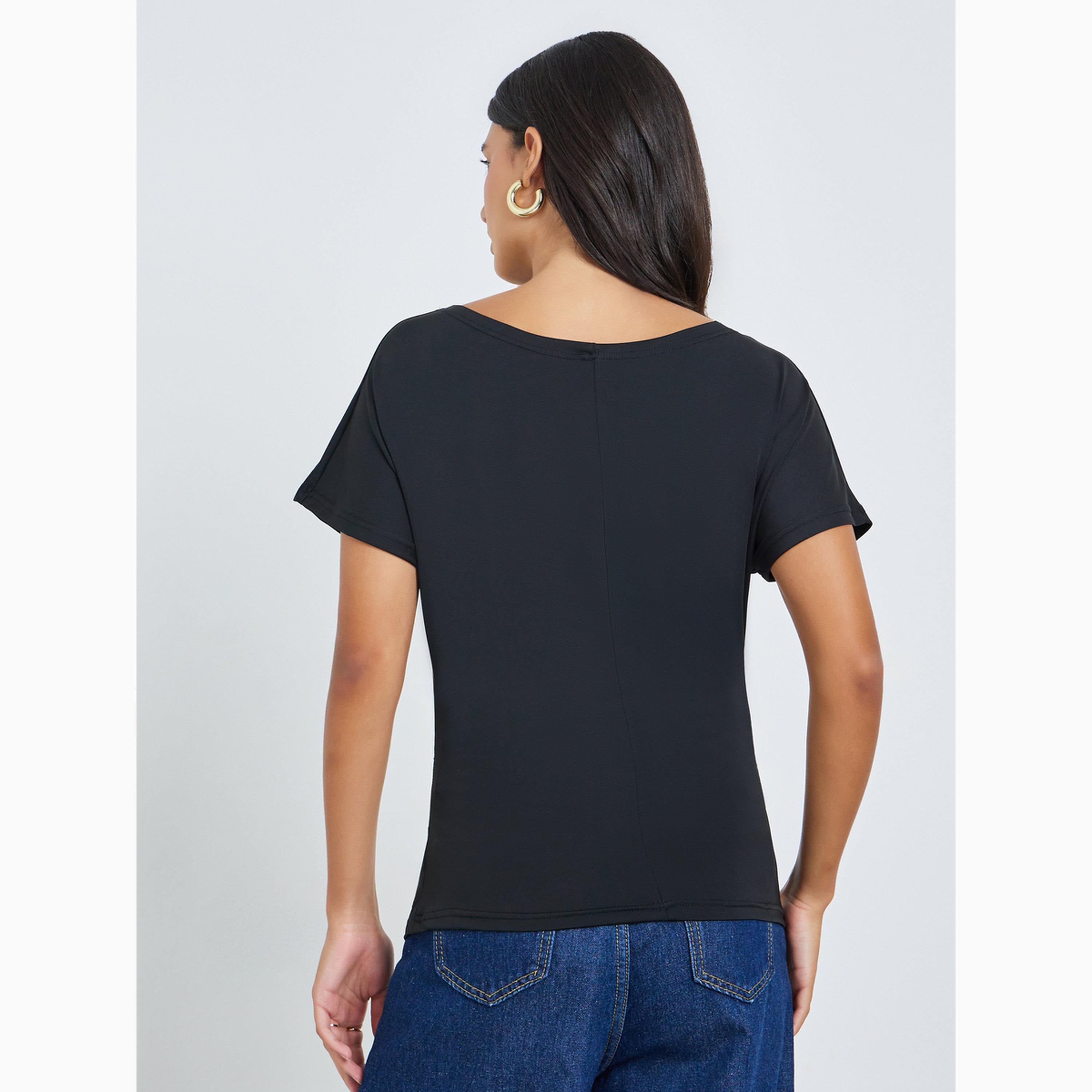 Styli Black Solid Round Neck T-Shirt-women-clothing-tshirts-image-5