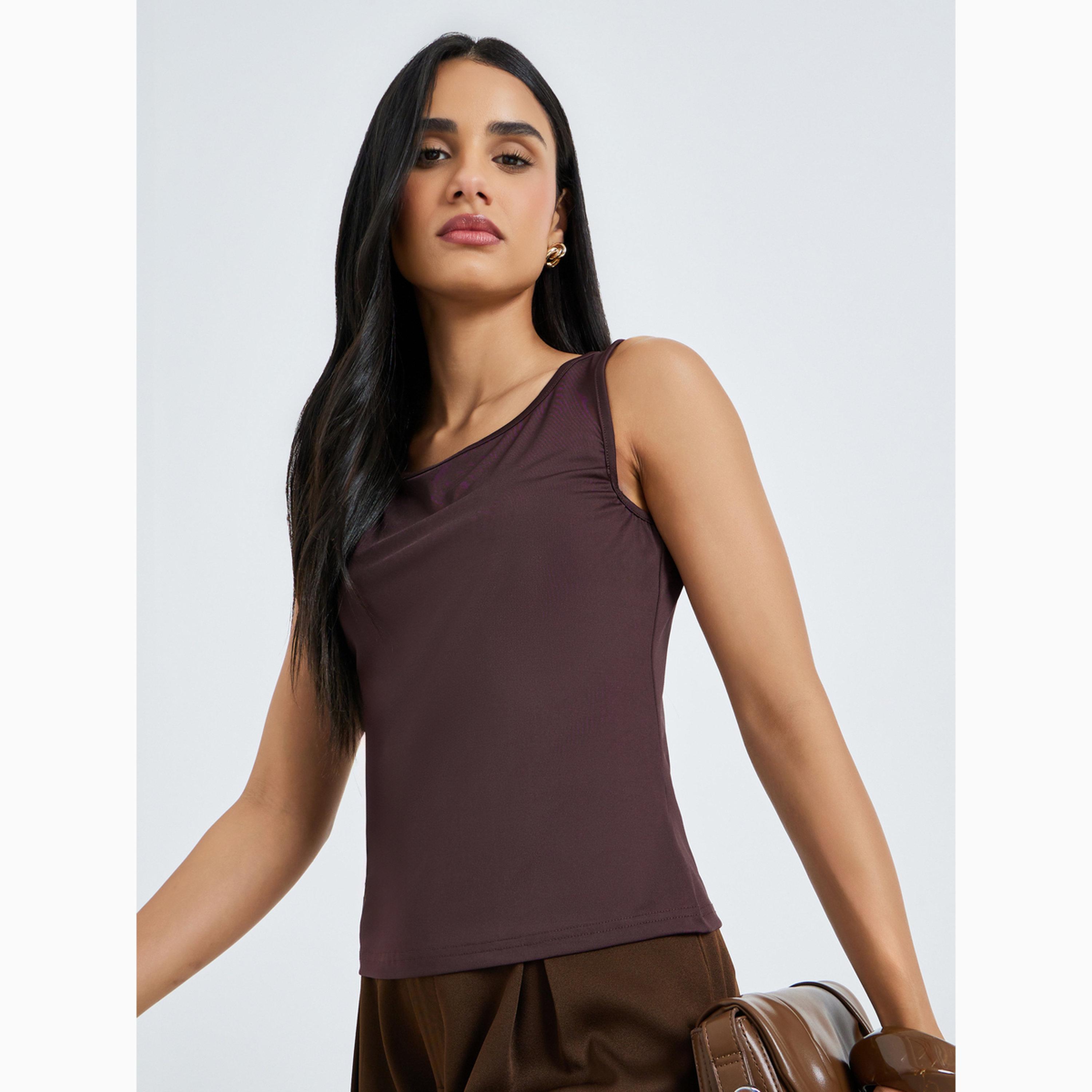 Styli Brown Solid Round Neck Cami Top-women-clothing-shirtsandblouses-blouses-image-1