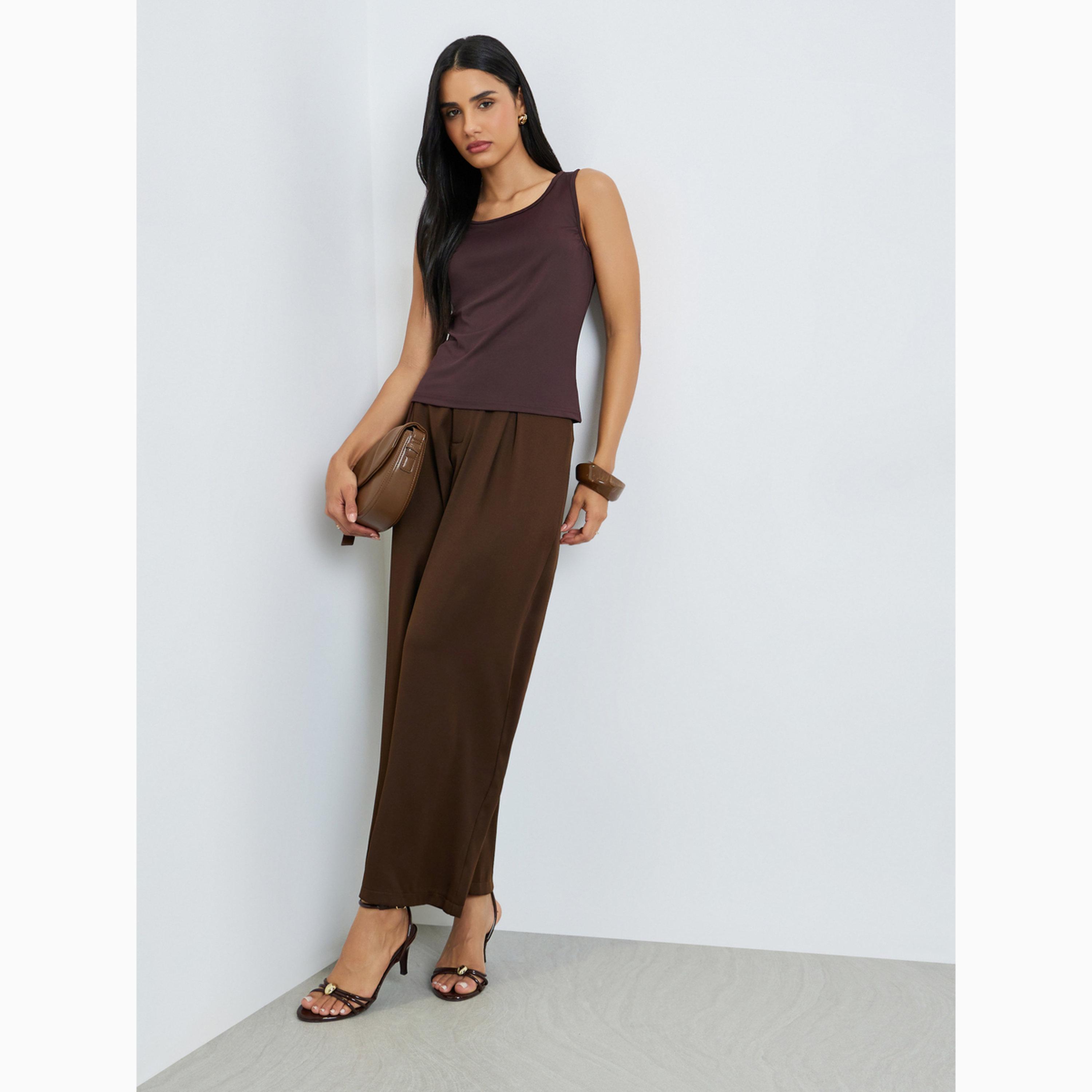 Styli Brown Solid Round Neck Cami Top-women-clothing-shirtsandblouses-blouses-image-2