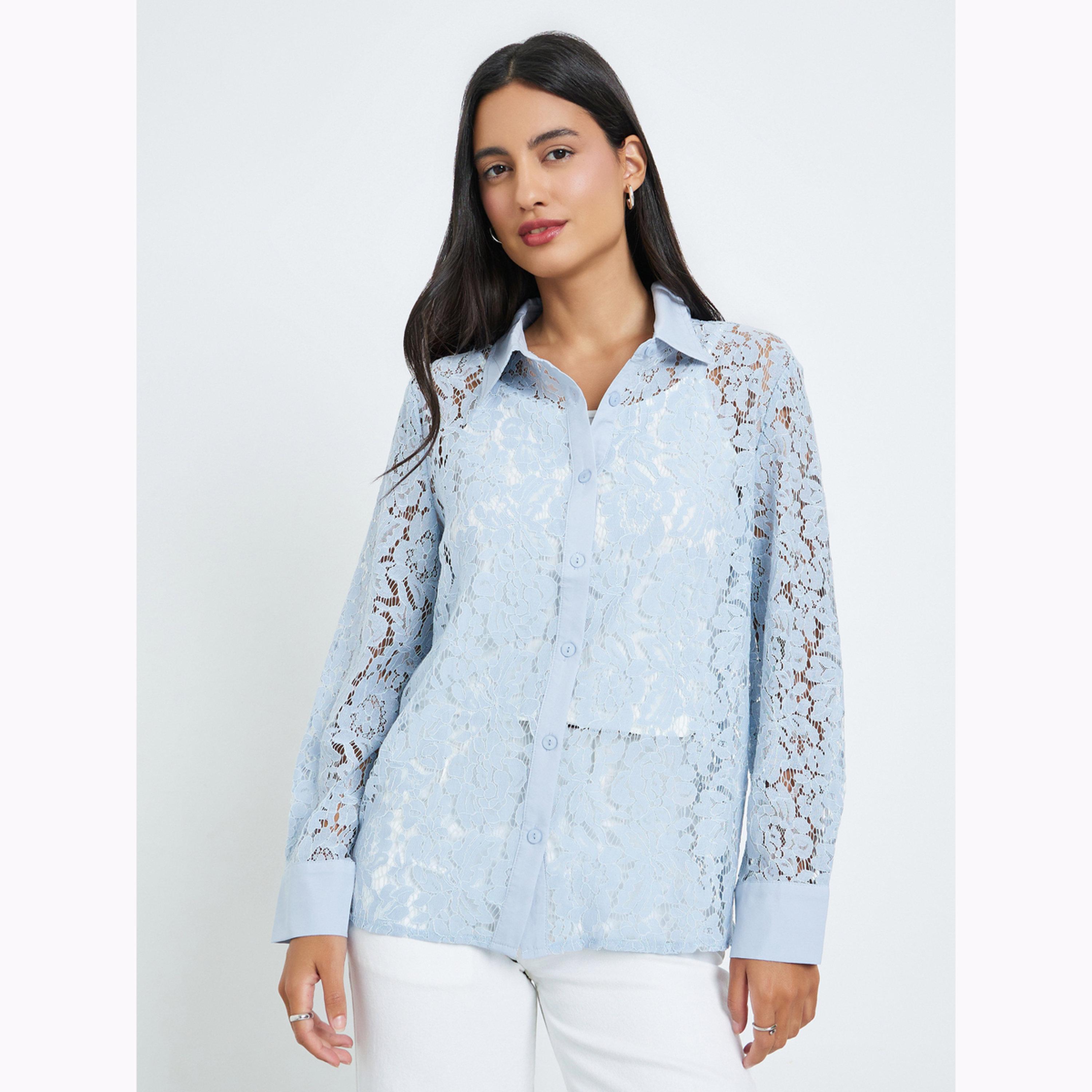 Styli Blue Lace Long Sleeve Shirt-women-clothing-shirtsandblouses-shirts-image-1