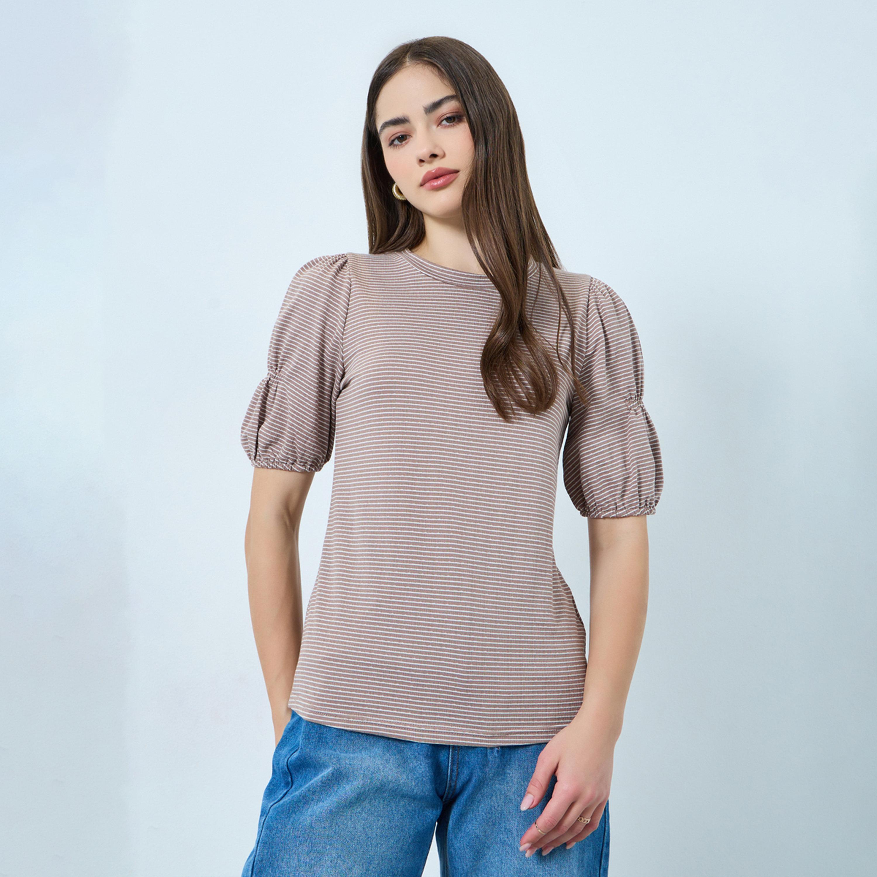 بلوزة محبوكة مخططة بأكمام منفوخة-women-clothing-tshirts-image-1