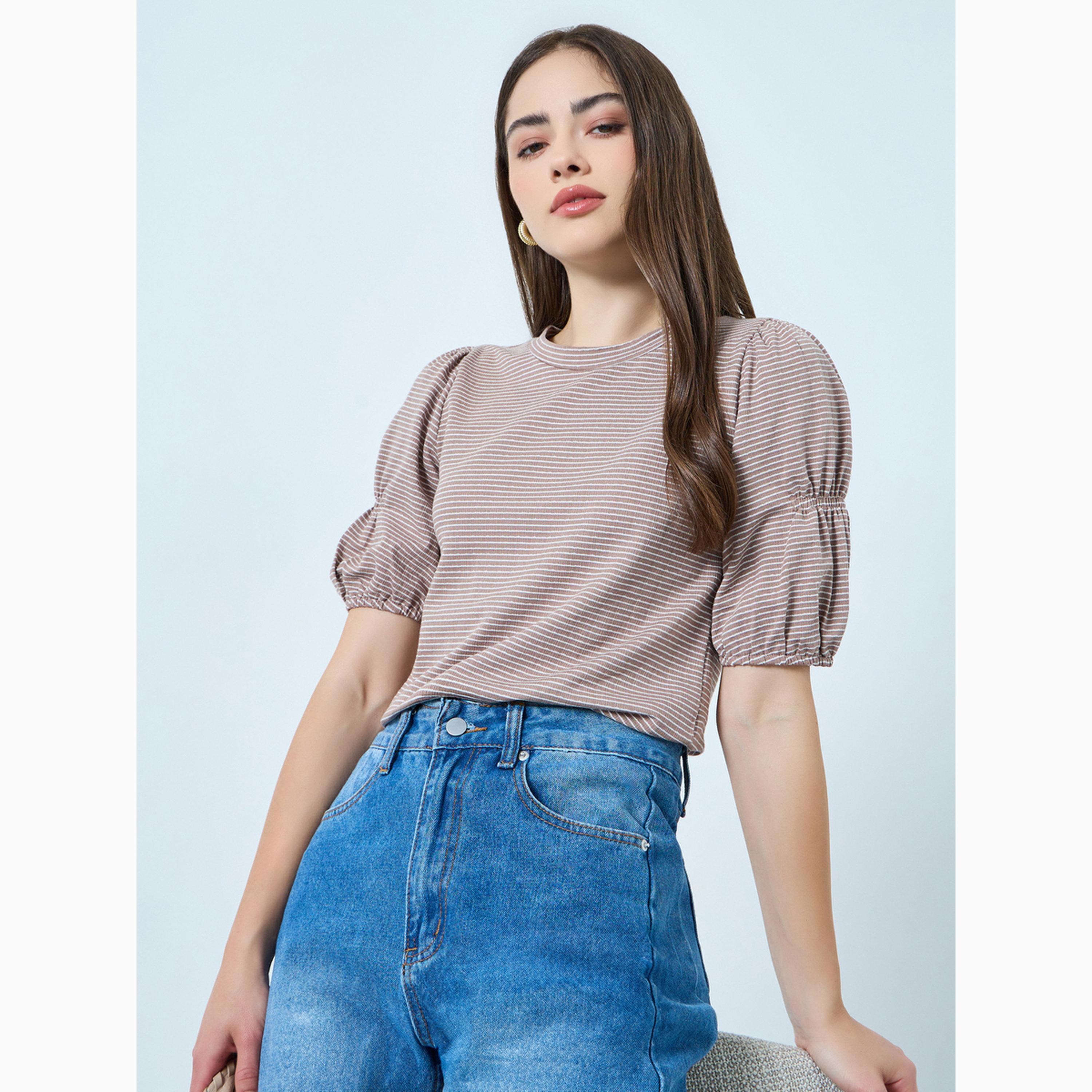 Styli Brown Puff Sleeve Striped Knit Top-women-clothing-tshirts-image-3