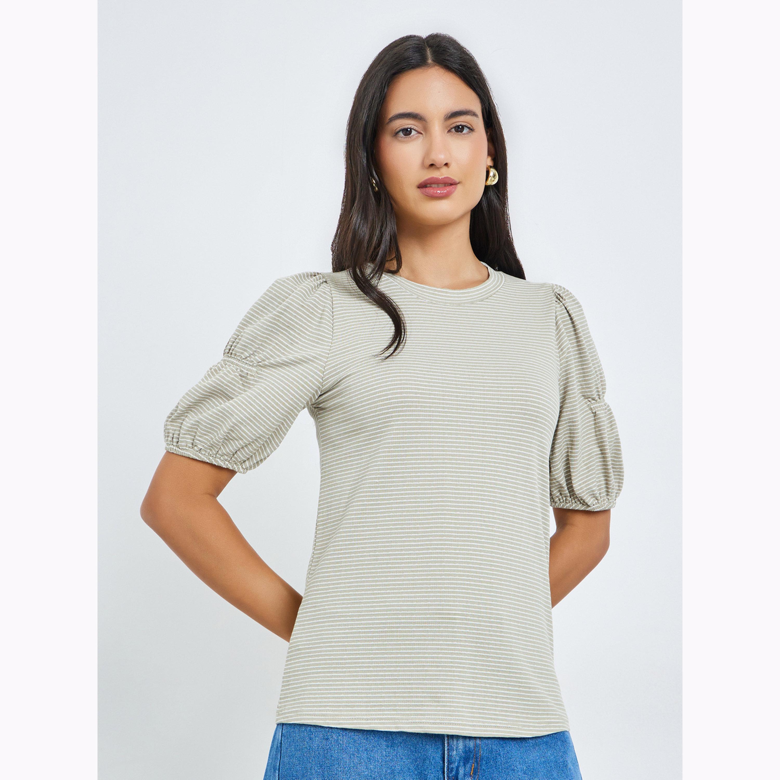 Styli Grey Striped Knit Top with Puff Sleeves-women-clothing-shirtsandblouses-blouses-image-1