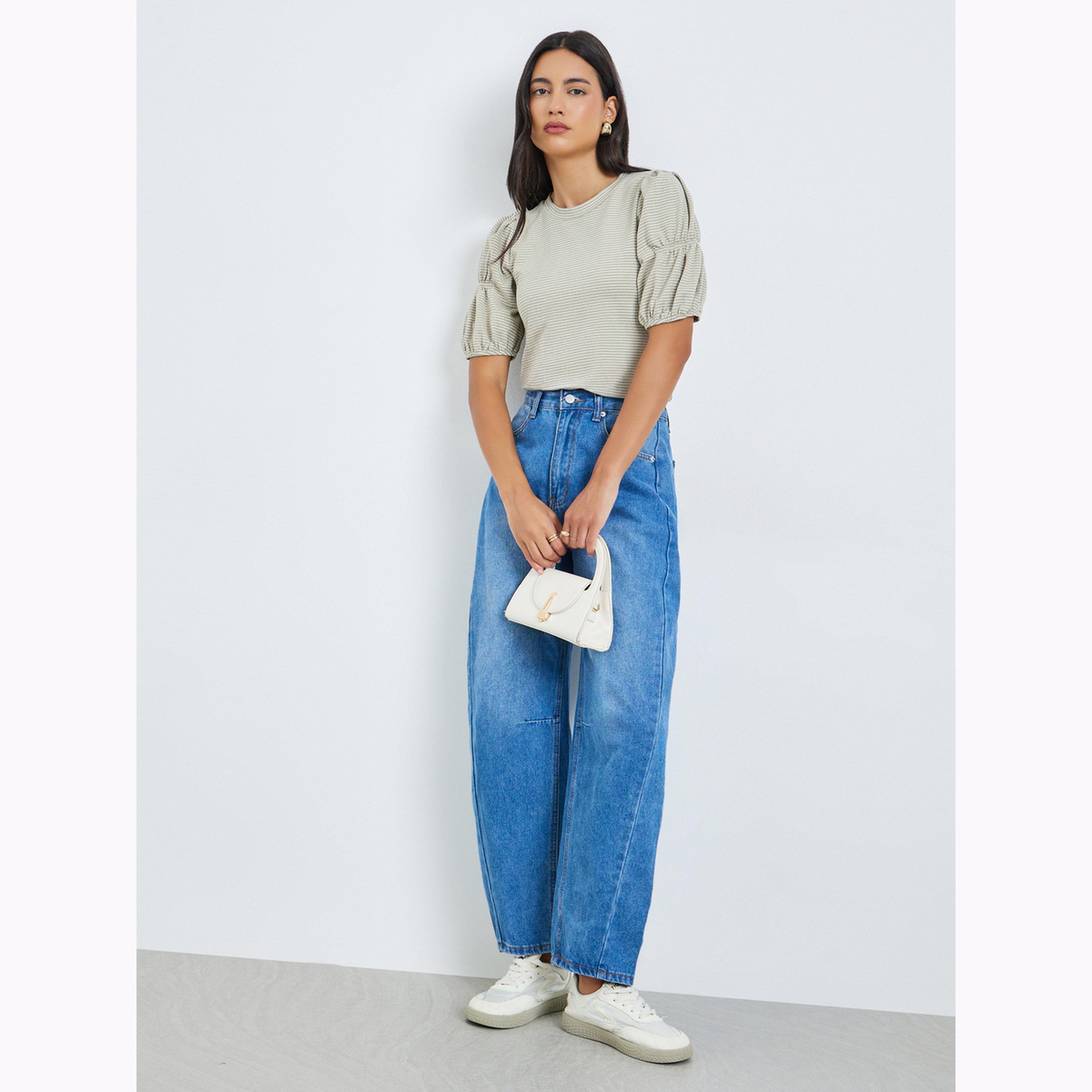 بلوزة محبوكة مخططة بأكمام منفوخة بلون رمادي-women-clothing-shirtsandblouses-blouses-image-2